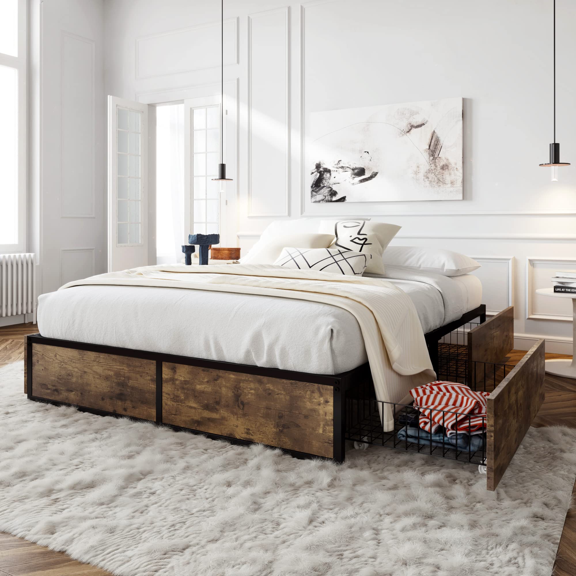 Queen Platform Bed Frame with Storage Drawers, Sturdy Metal and Wood Construction