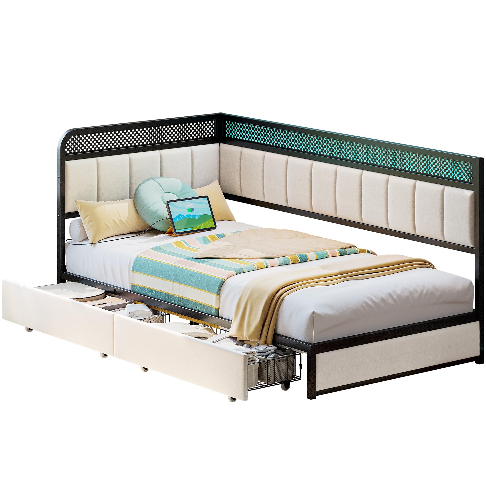 Twin Corner Bed Frame with Storage Drawers and Charging Station