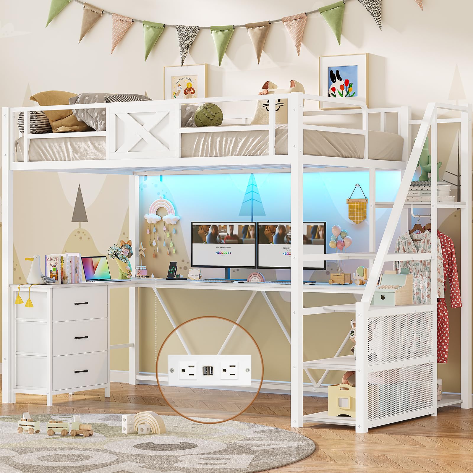 Twin Size Loft Bed with L Shaped Desk and Wardrobe, Metal Loft Bed Frame