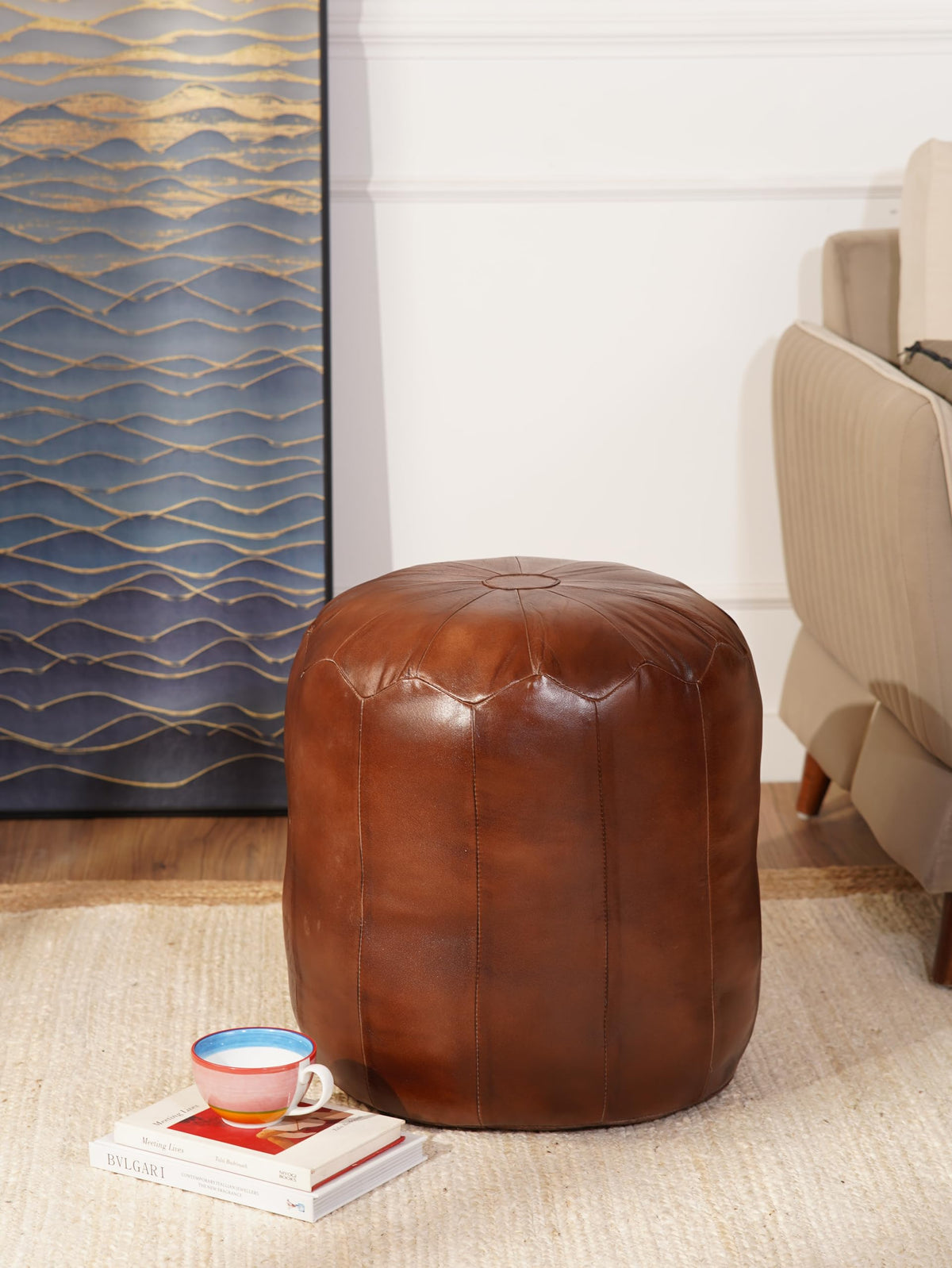 Round Leather Pouf Ottoman – Brown