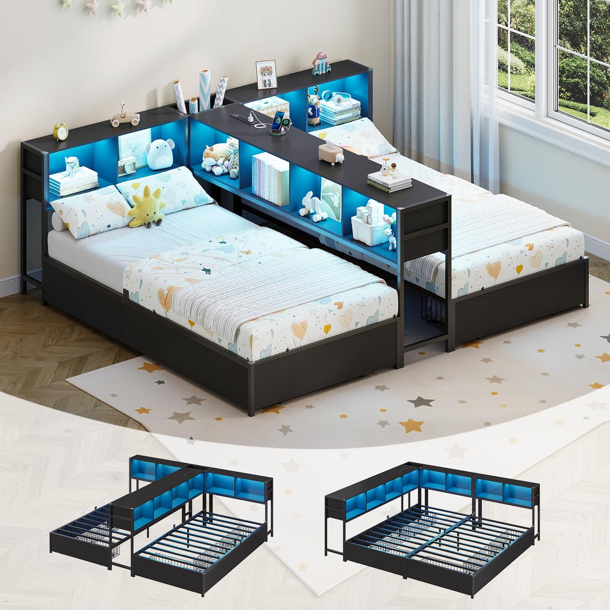 Twin Beds with LED & Storage Bookcase Divider