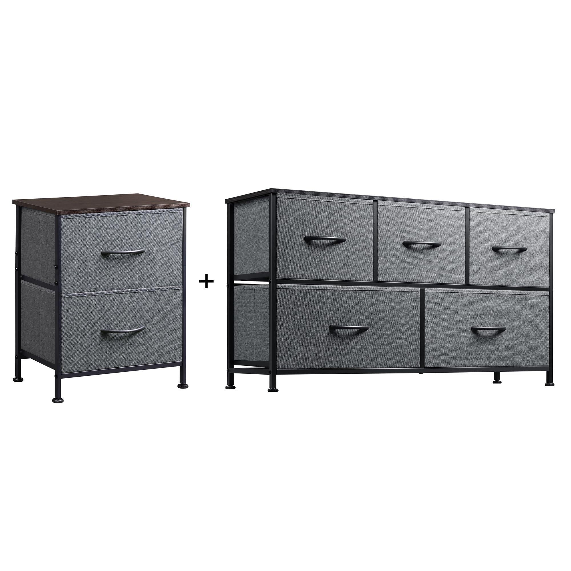 2-Drawer Nightstand and 5-Drawer Dresser Set, Fabric Storage Tower for Bedroom