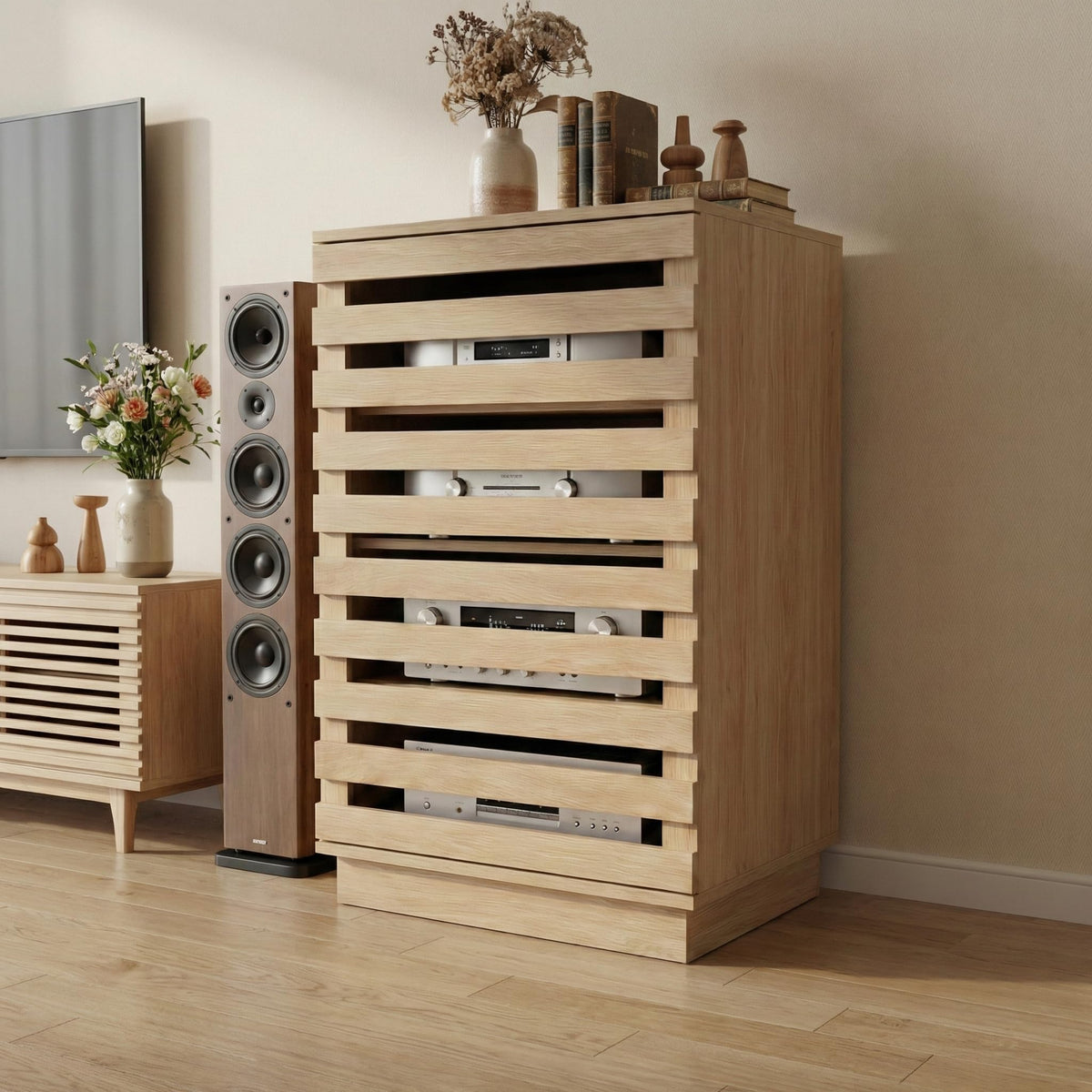 4-Tier Slatted Door Audio Cabinet with Cable Management – Oak