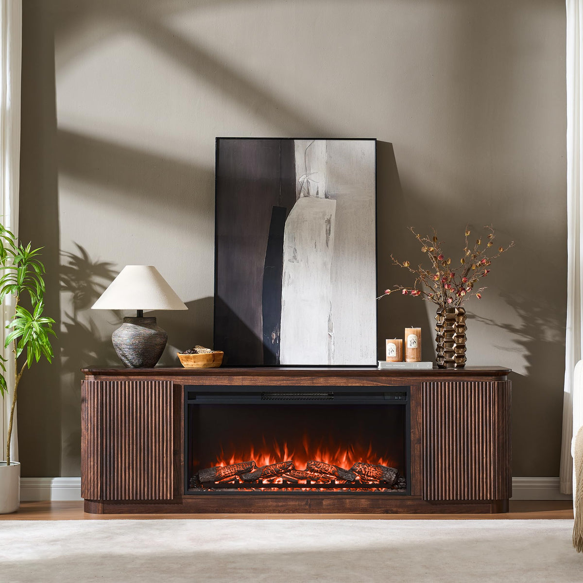70" Fluted Fireplace TV Stand in Dark Walnut