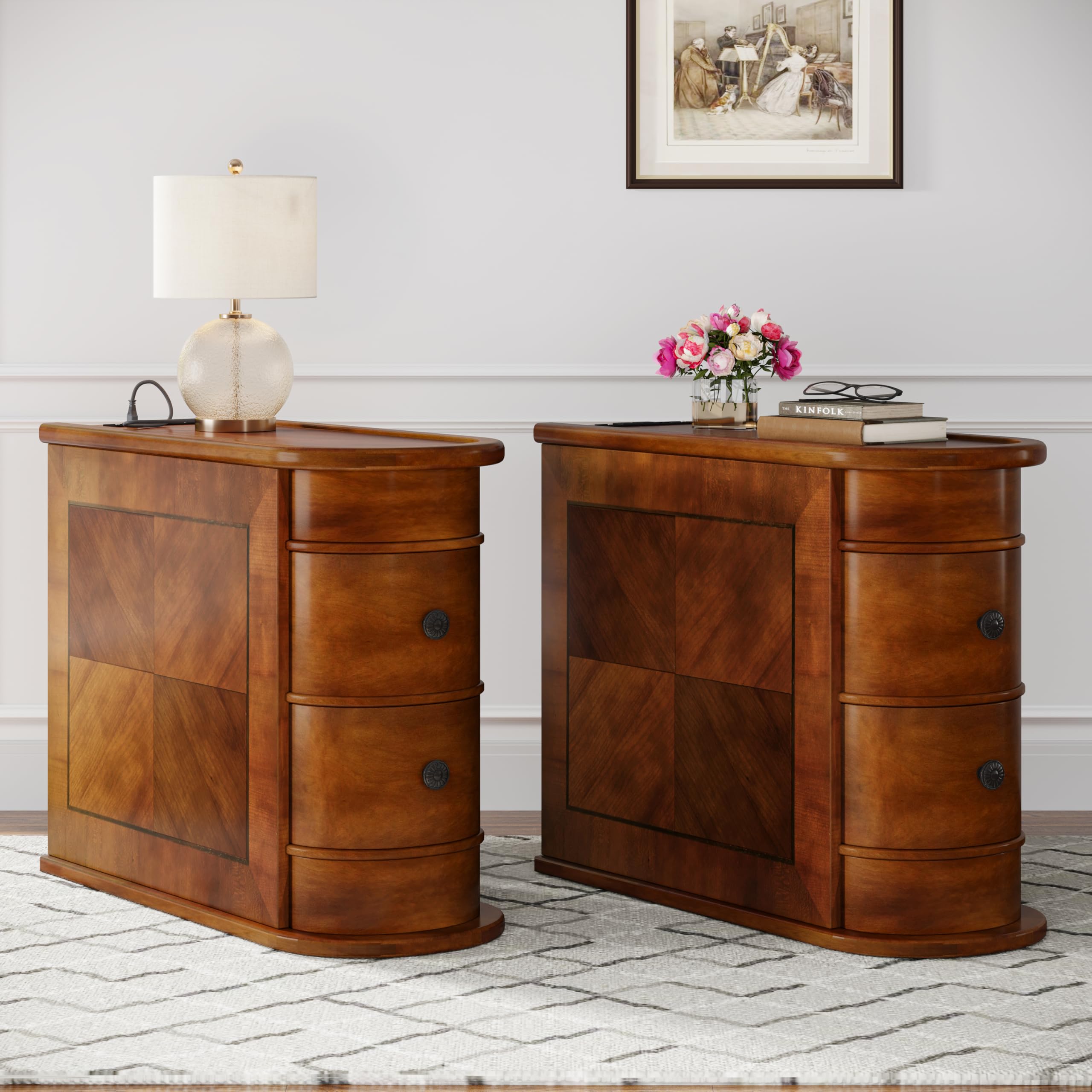 Solid Wood End Table with Charging Station Set of 2, No Assembly Required Narrow