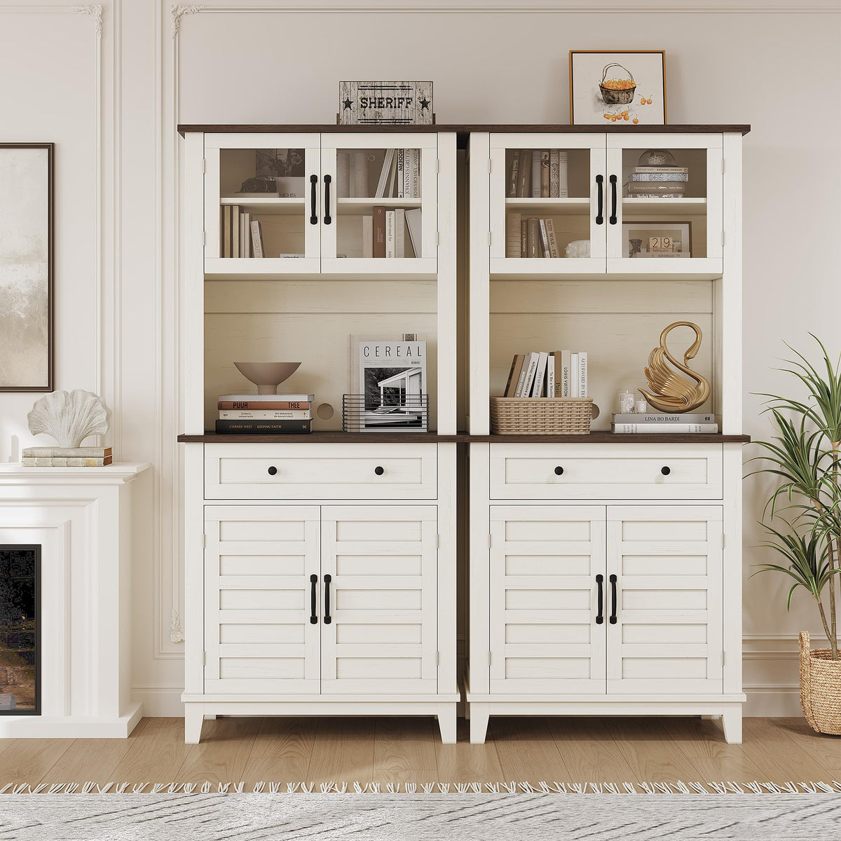 Tall Farmhouse Coffee Bar Cabinet with Glass Doors & Drawer