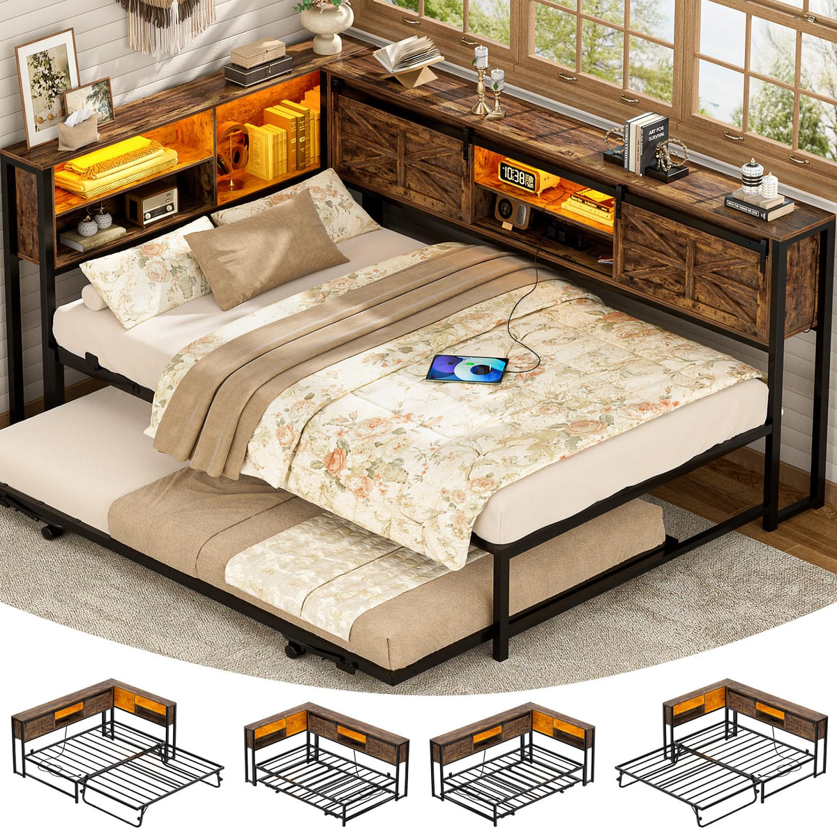 Twin L-Shaped Corner Daybed with Pop-Up Trundle, Storage Bookcase & LED