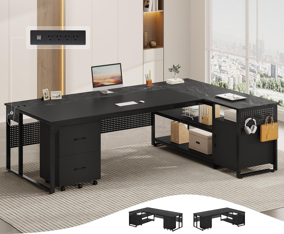 L-Shaped Executive Desk with File Cabinet & Power Outlets