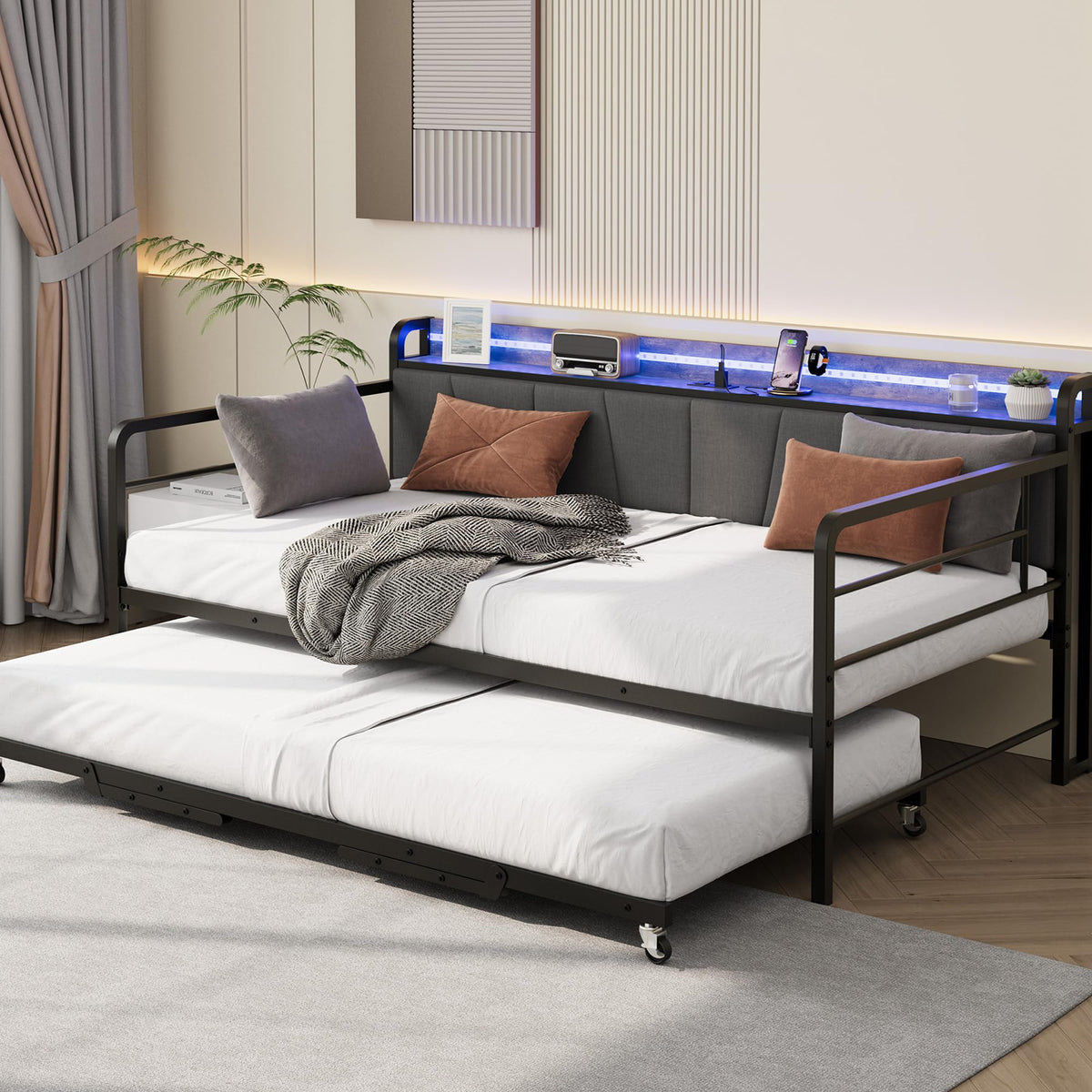 Twin Daybed with Pop-Up Trundle, LED Lighting & Charging Station