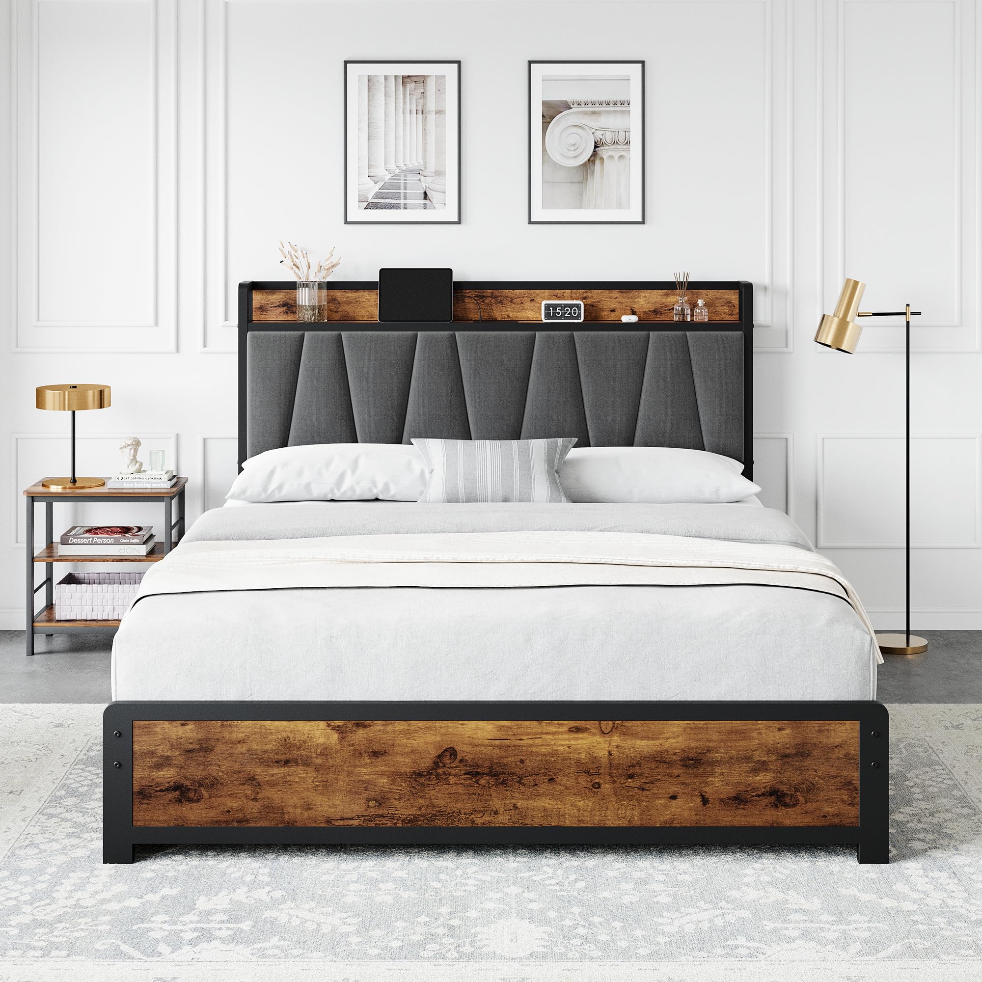 Full Size Bed Frame with Storage Linen Upholstered Headboard