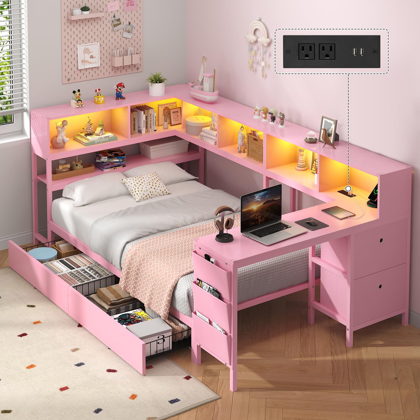 Corner Bed with Desk and Storage Bookcase, Daybed with 2