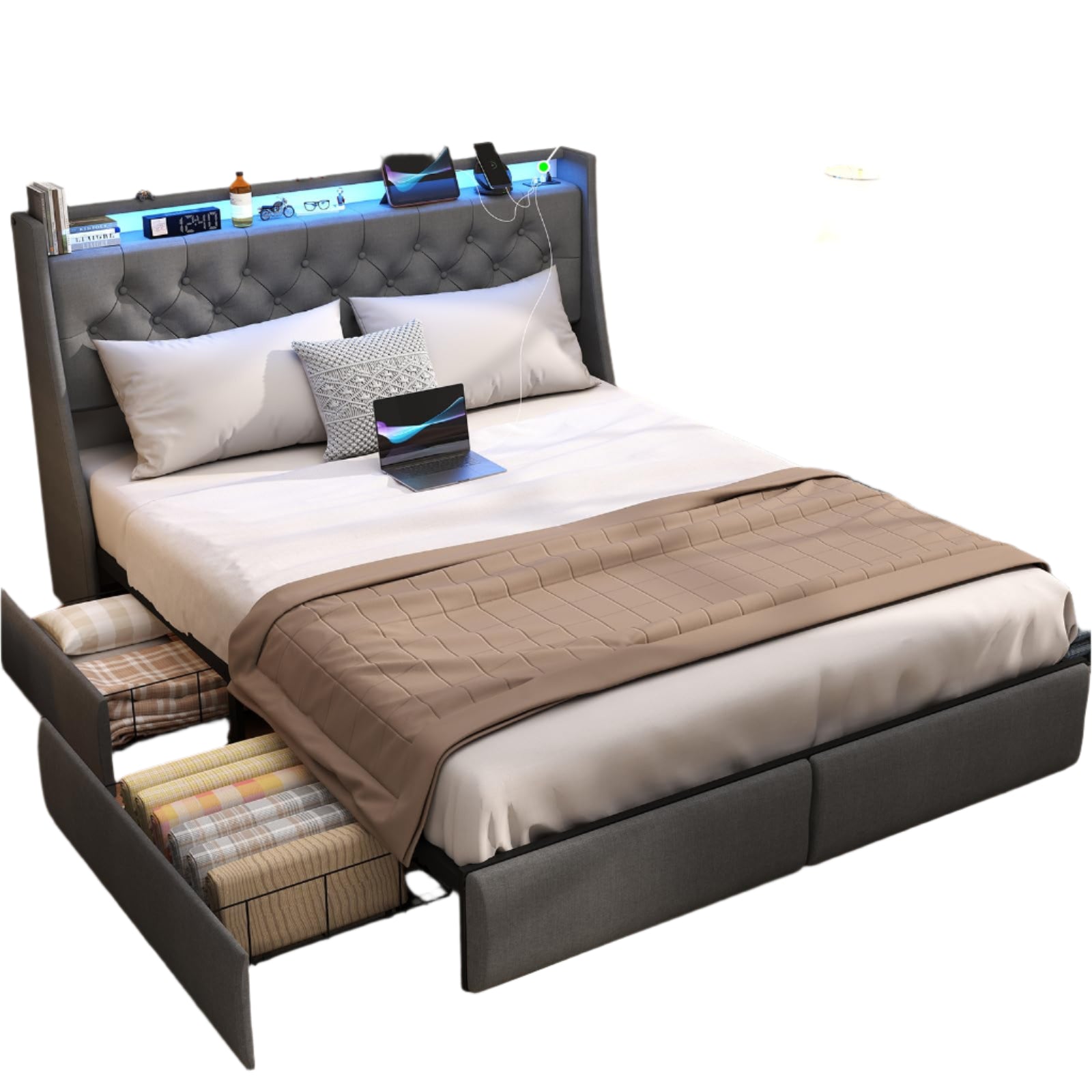 Queen Bed Frame with Storage Headboard and 4 Drawer, Metal Platform Bed Frame