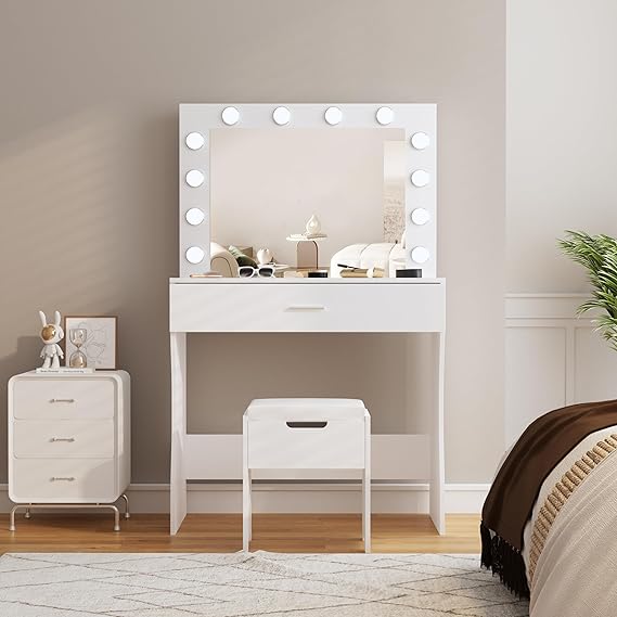 Lights, Makeup Vanity Desk with Lighted Mirror and Charging Station