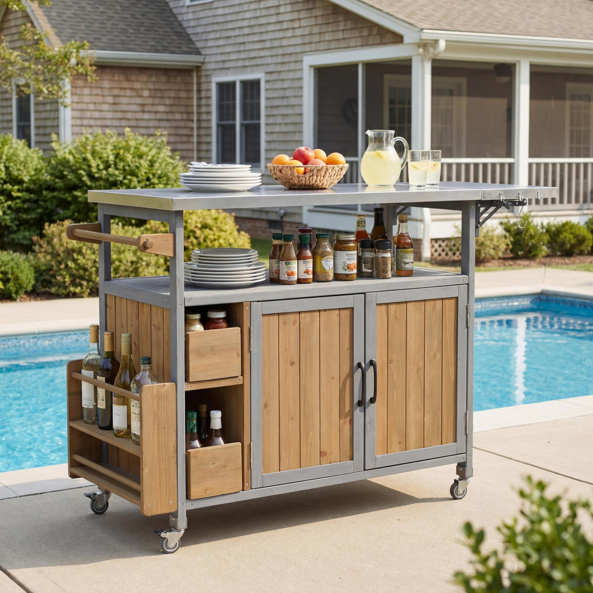Outdoor Bar Cart with Stainless Steel Top & Locking Wheels