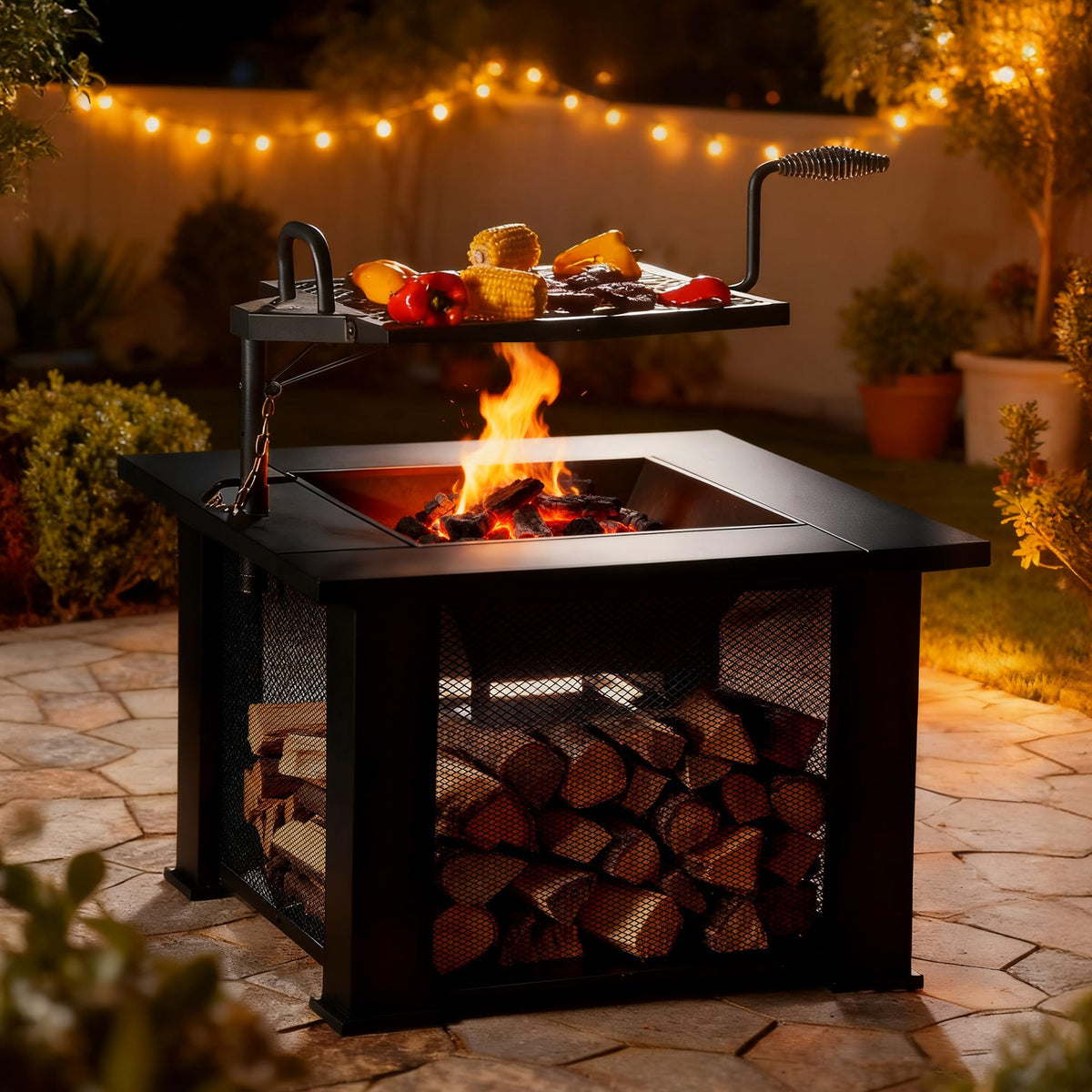 3-in-1 Square Wood Burning Fire Pit with BBQ Grate & Storage