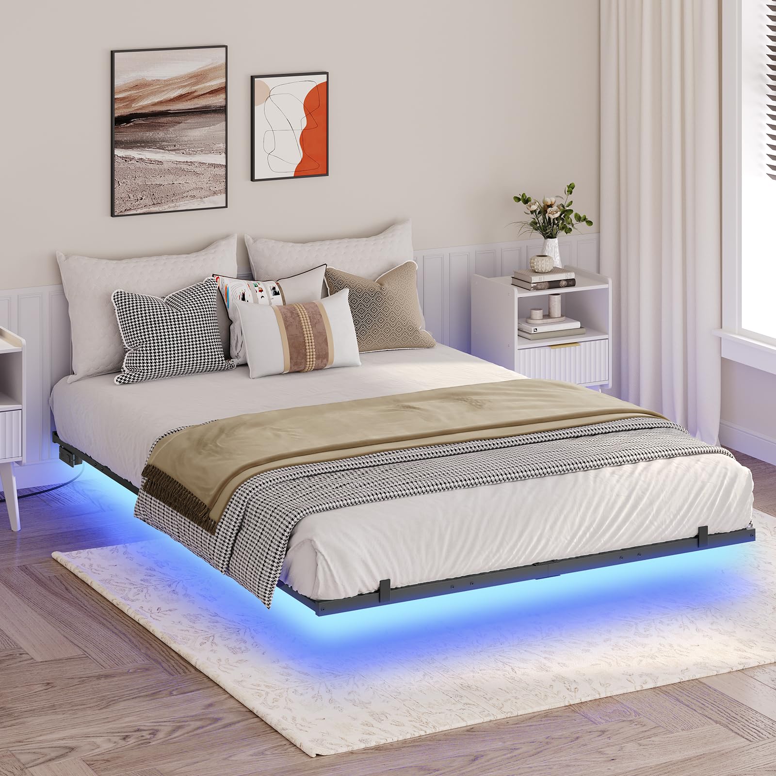 Full Size Floating Bed Frame with Charging Station and Smart LED Lights