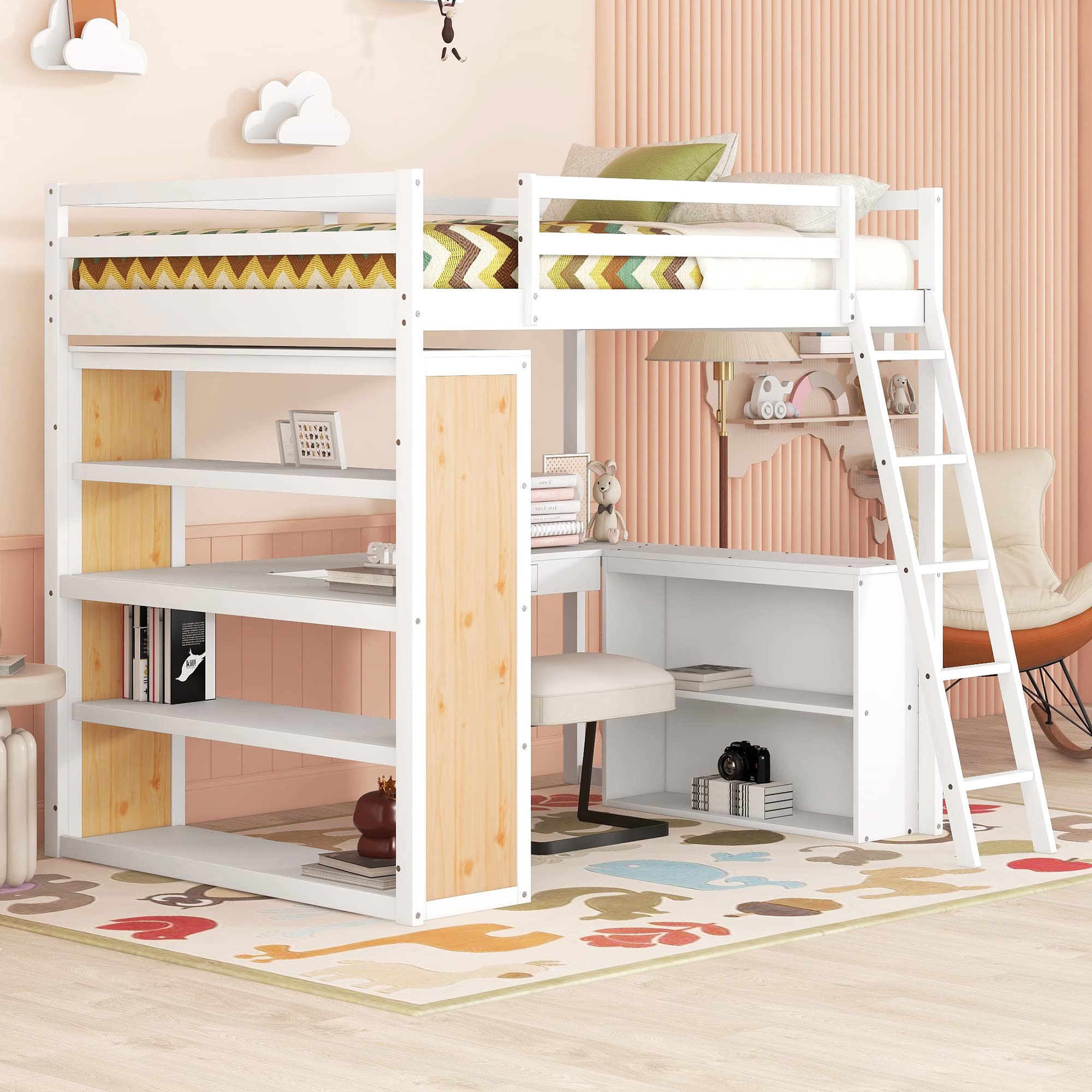 Version & Stronger Solid Wood Full Size Loft Bed with Storage Shelves and Desk Underneath