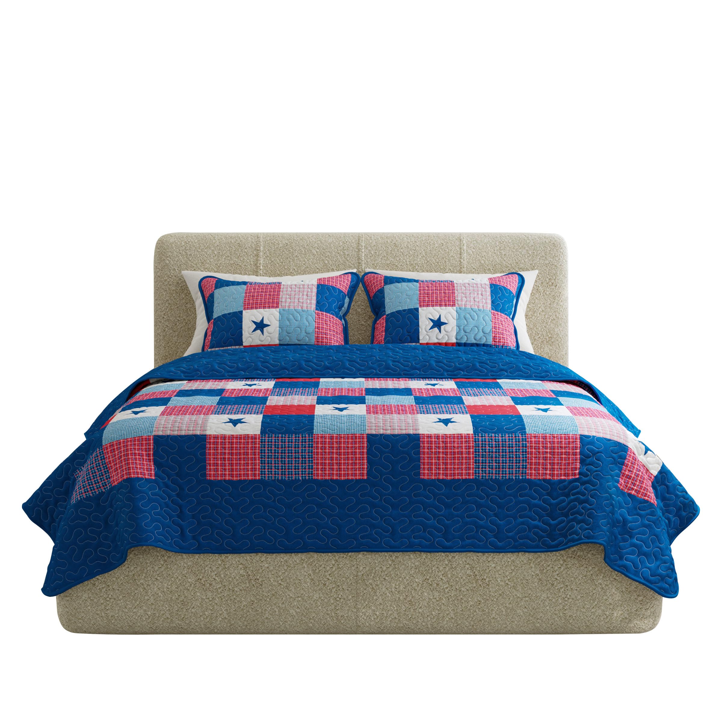 2-Piece Caroline Patriotic Quilt Set – Microfiber Americana Stars and Plaid Patchwork