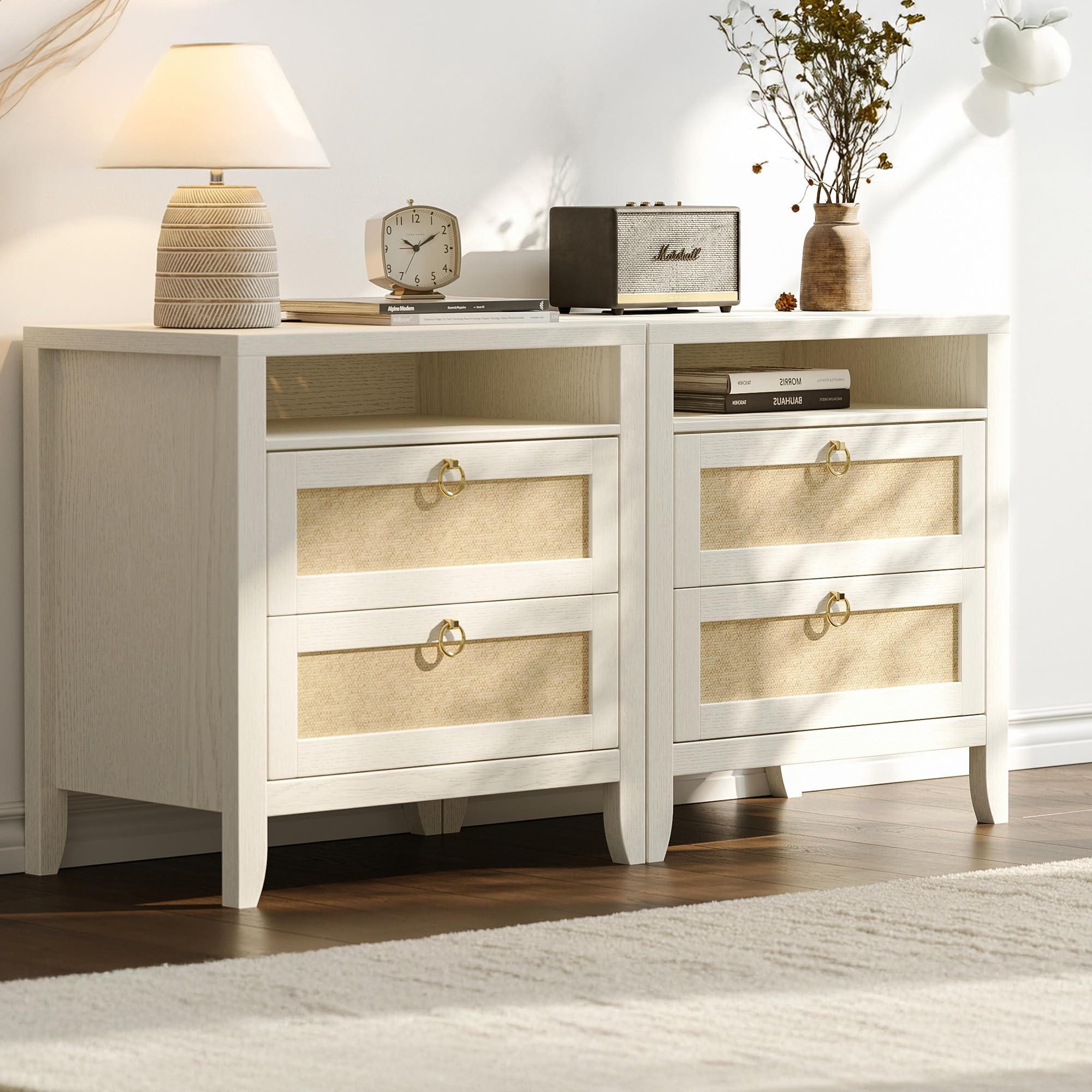 23.6" White Night Stand Set of 2, Rattan Nightstands