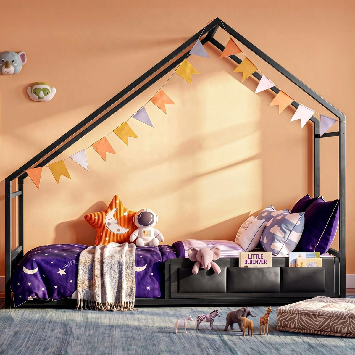 Twin House Floor Bed Frame with Metal Slats