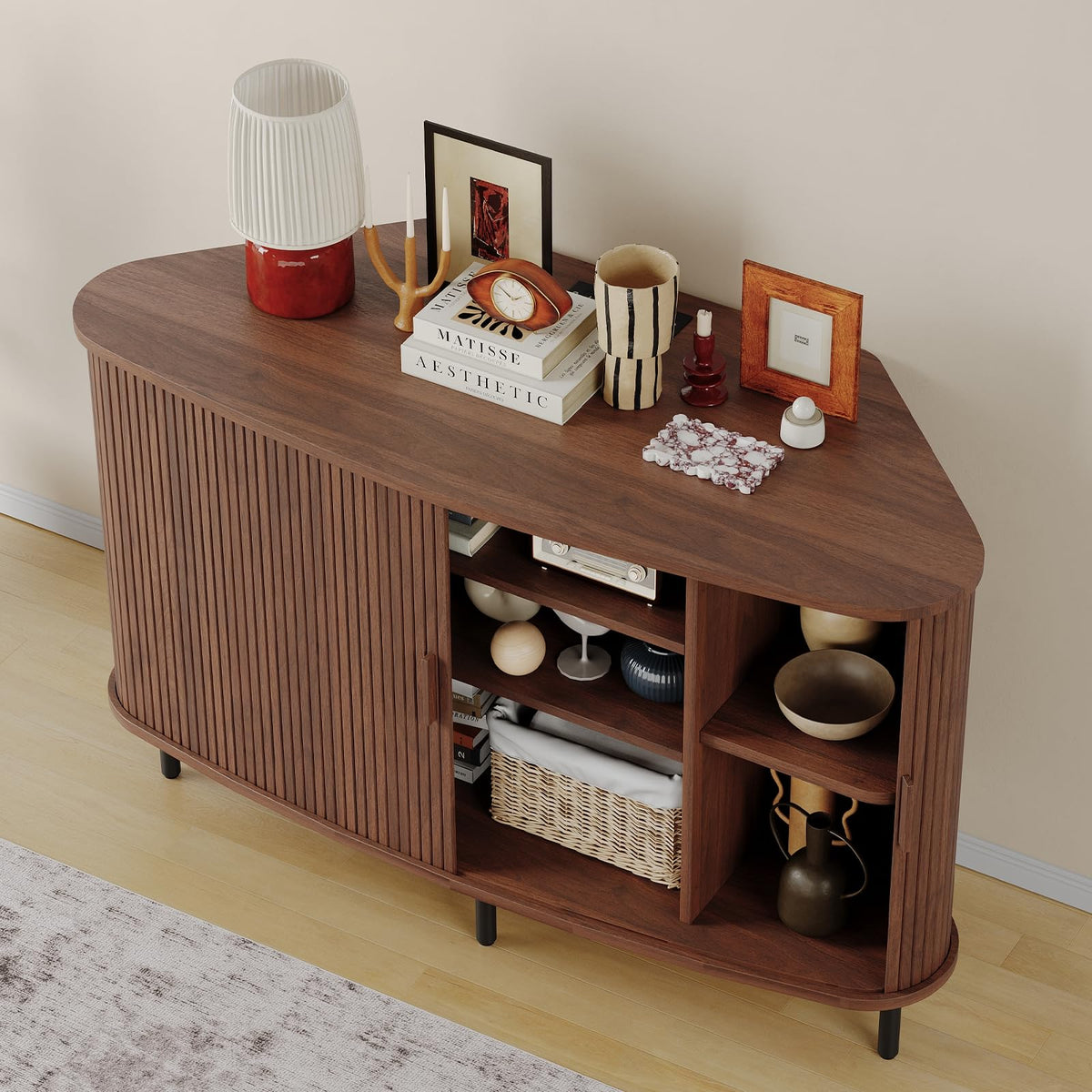 47" Fluted Corner TV Stand with Sliding Doors