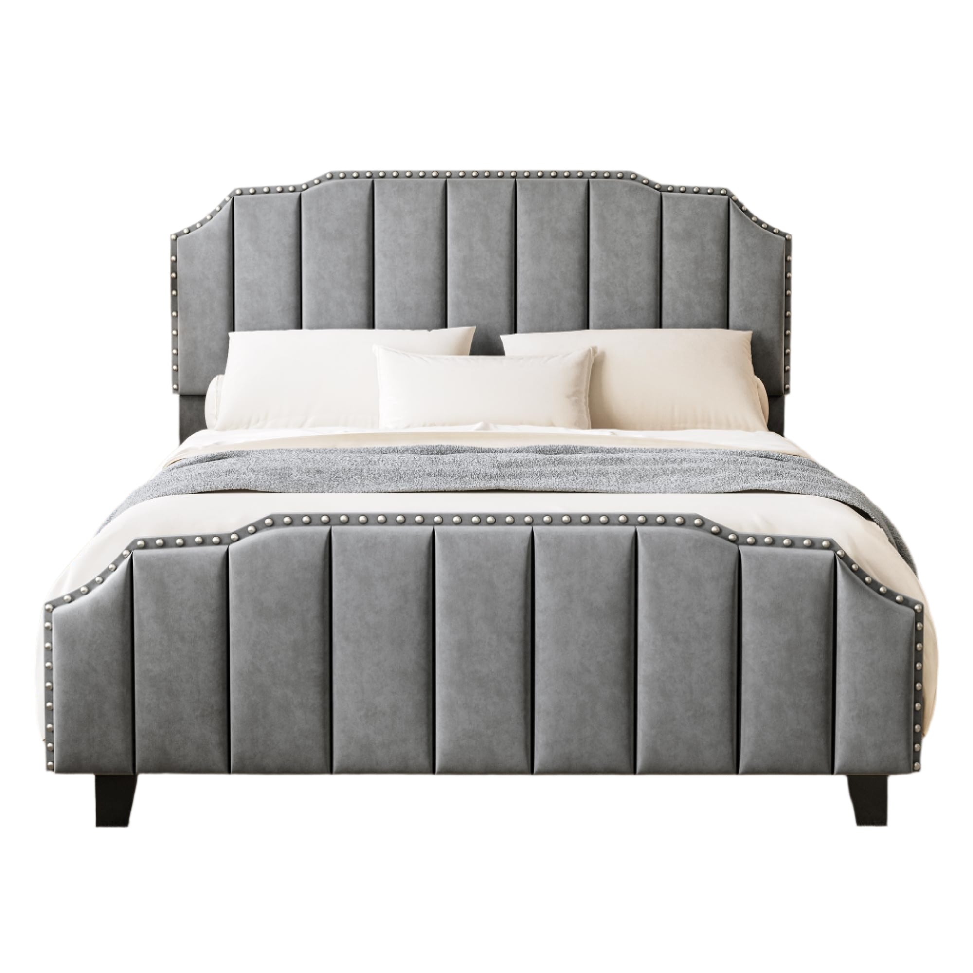 Grey Queen Size Upholstered Platform Bed Frame with 46.8'' Tall Vertical Channel