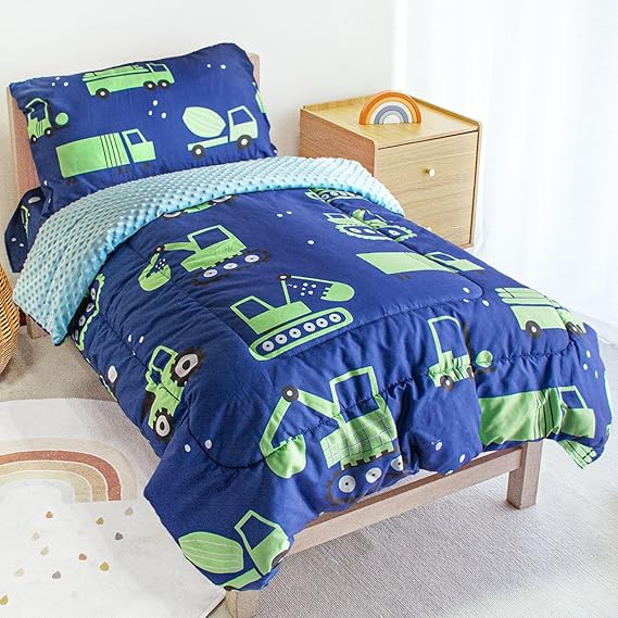 Toddler Bedding Set, 4 Pieces Construction Site Cartoon Style for Summer and Spring