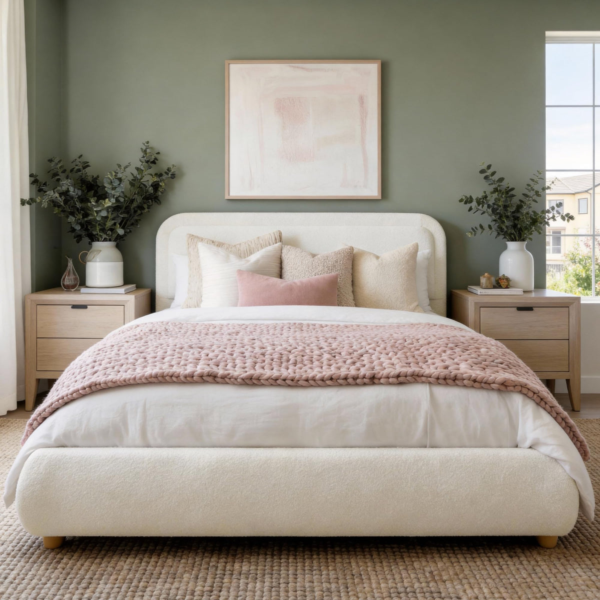 Queen Bed Frame - Boucle Upholstered, Solid Wood Legs