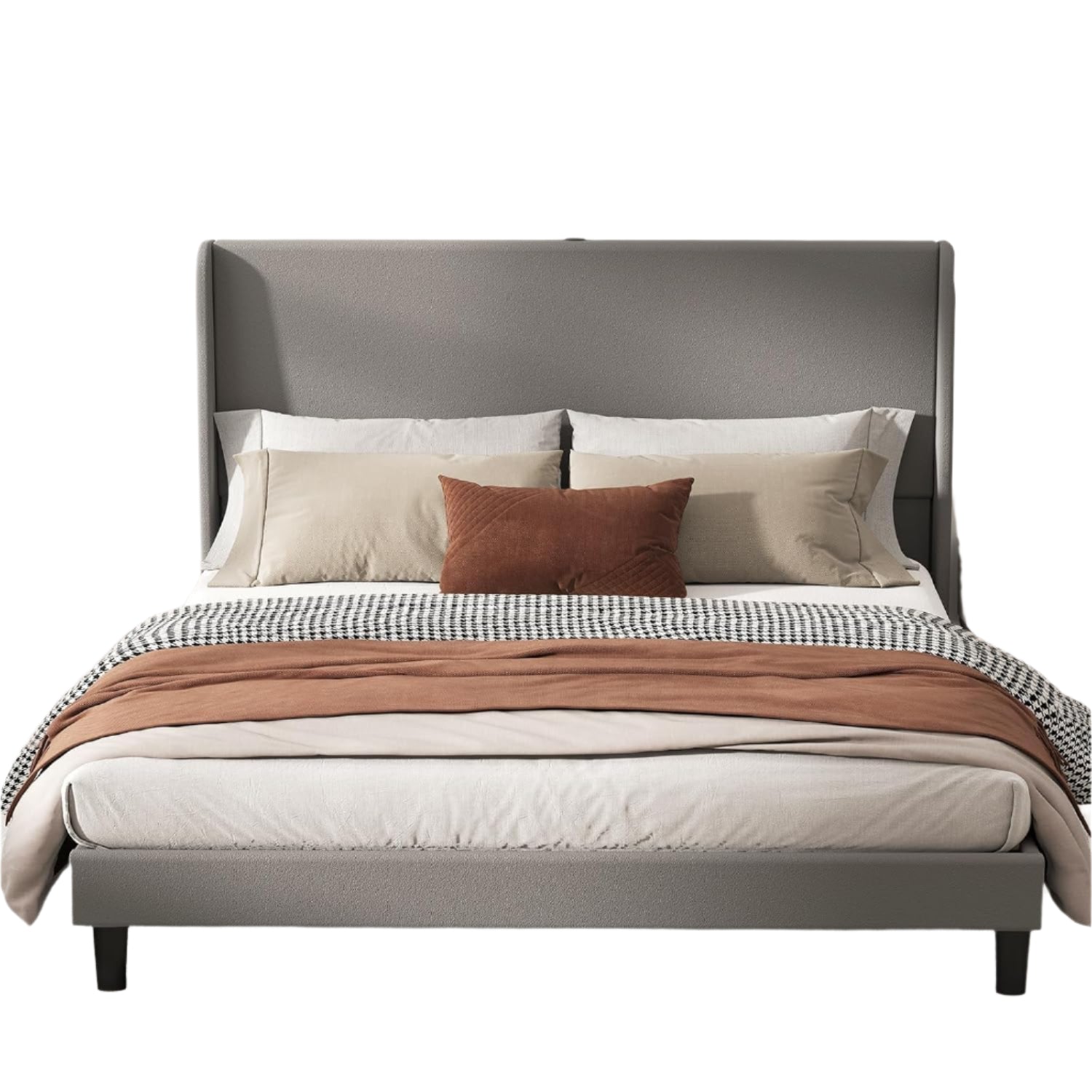 Queen Size Bed Frame, Upholstered Platform Bed Frame with USB Type-C Tall Headboard