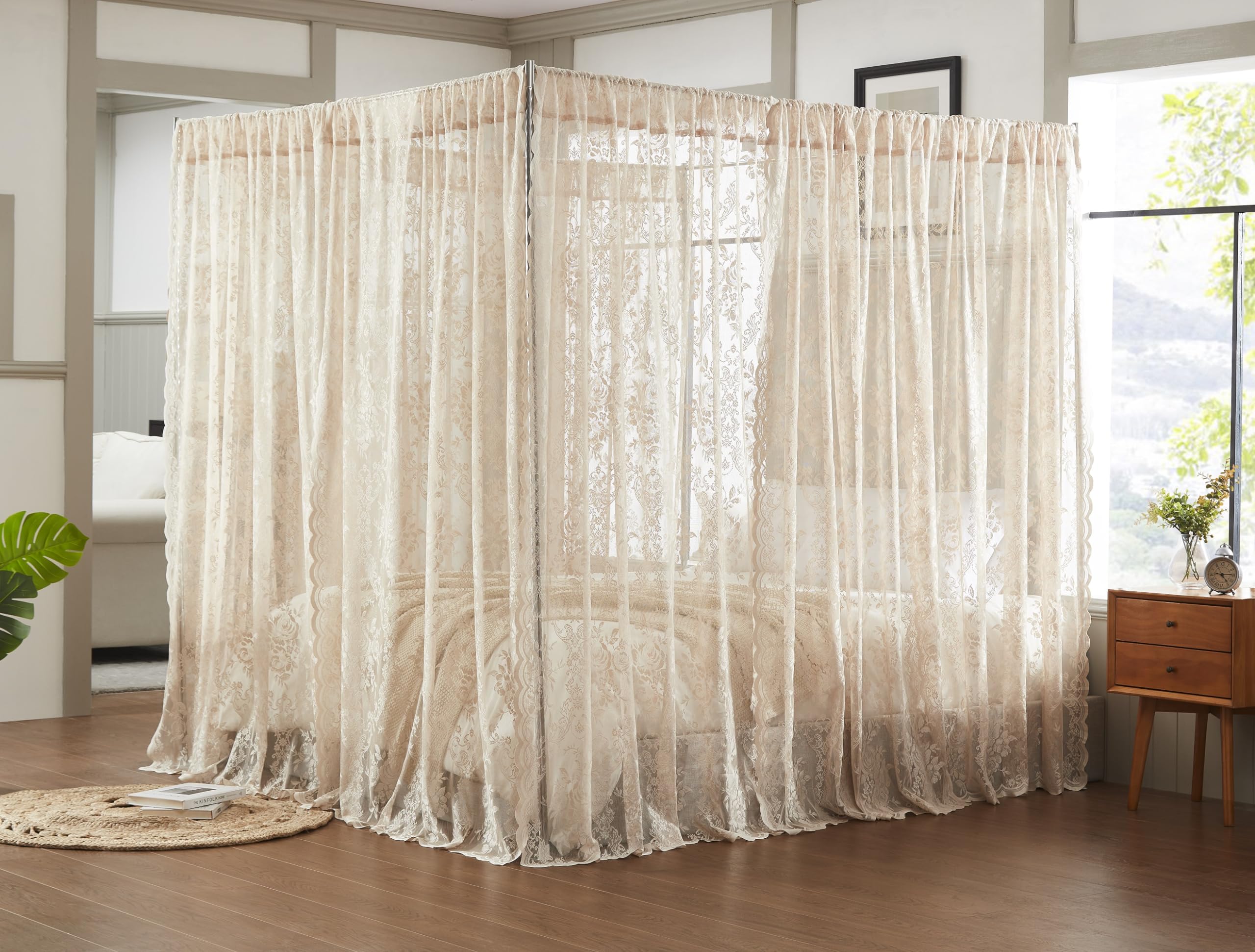 Lace Canopy Bed Curtains Set Consists of 8 48" x 78" Linen Canopy Curtains