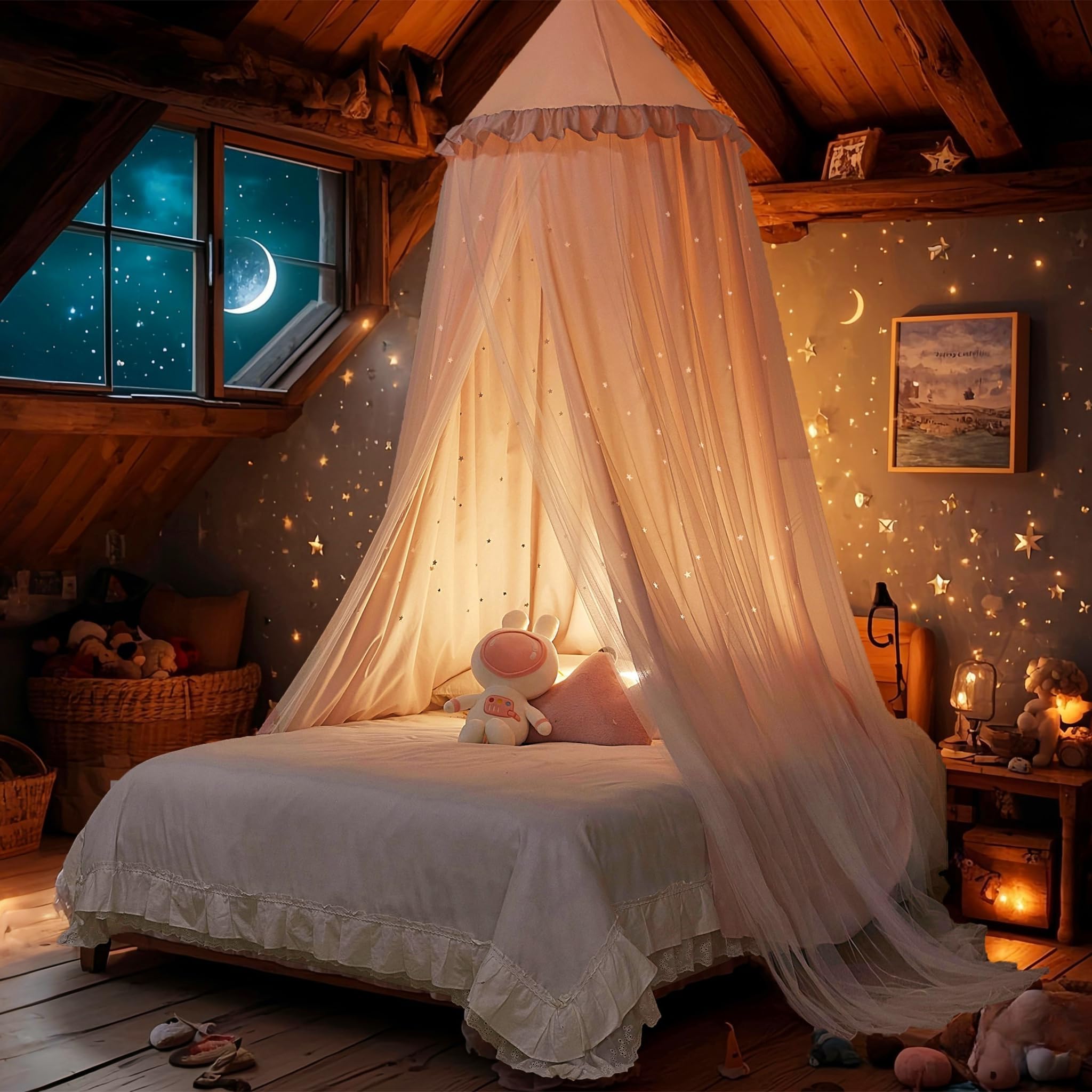 Princess Bed Canopy for Girls, Double Layer Canopy with Cutout Stars, Breathable Dream