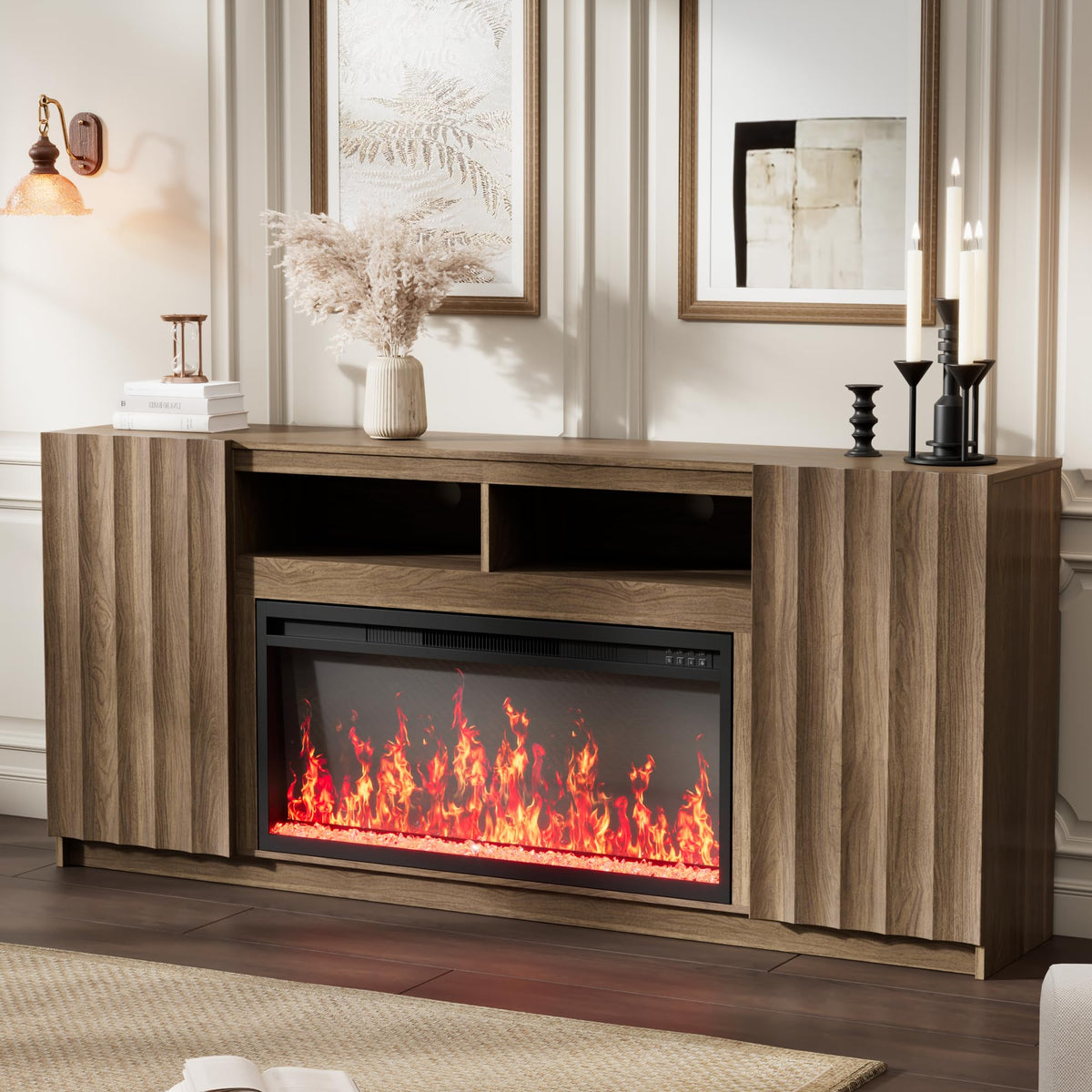 Fireplace TV Stand with LED Flame, Storage Cabinet & Adjustable Shelves