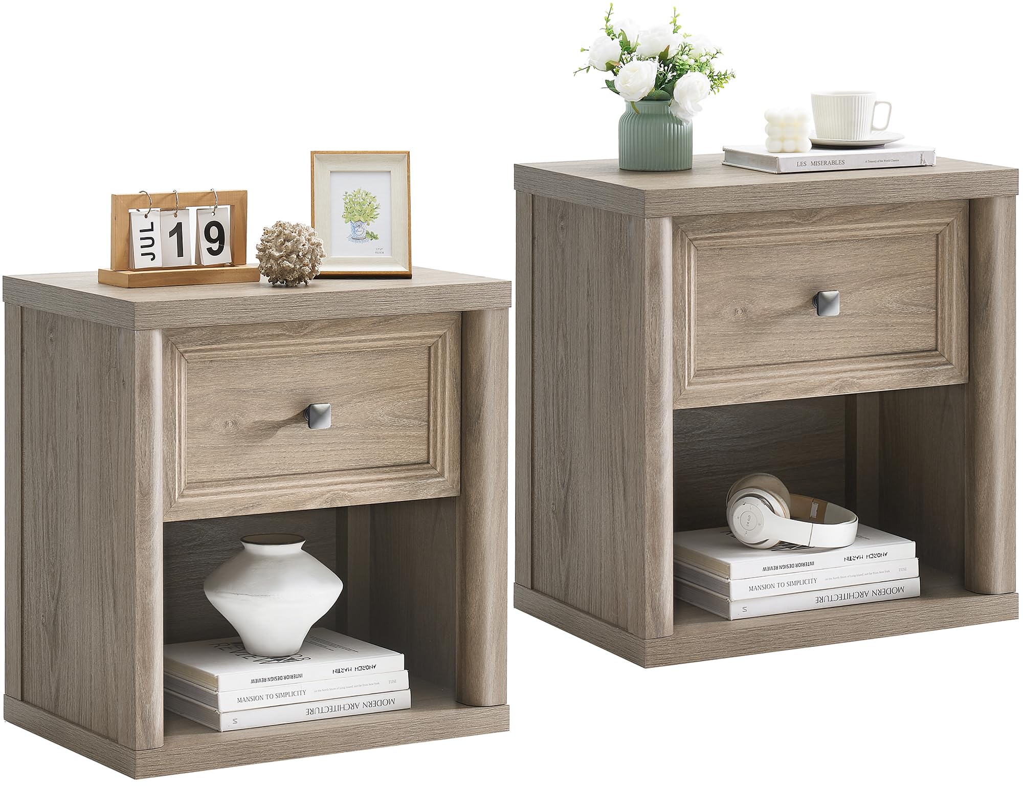 Farmhouse Night Stand Set of 2, Grey Nightstands with Drawer Storage