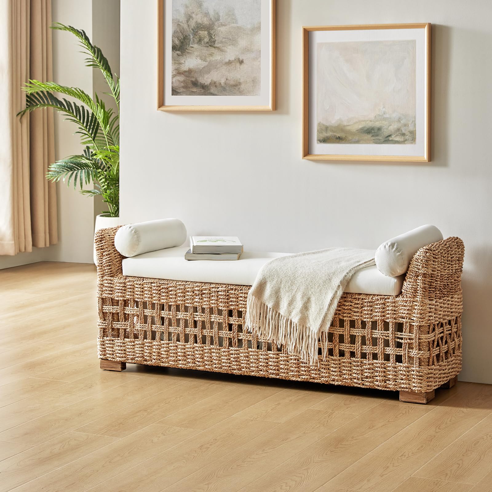 Rattan Storage Bench, Upholstered End of Bed Ottoman Bench with Upholstered Arm