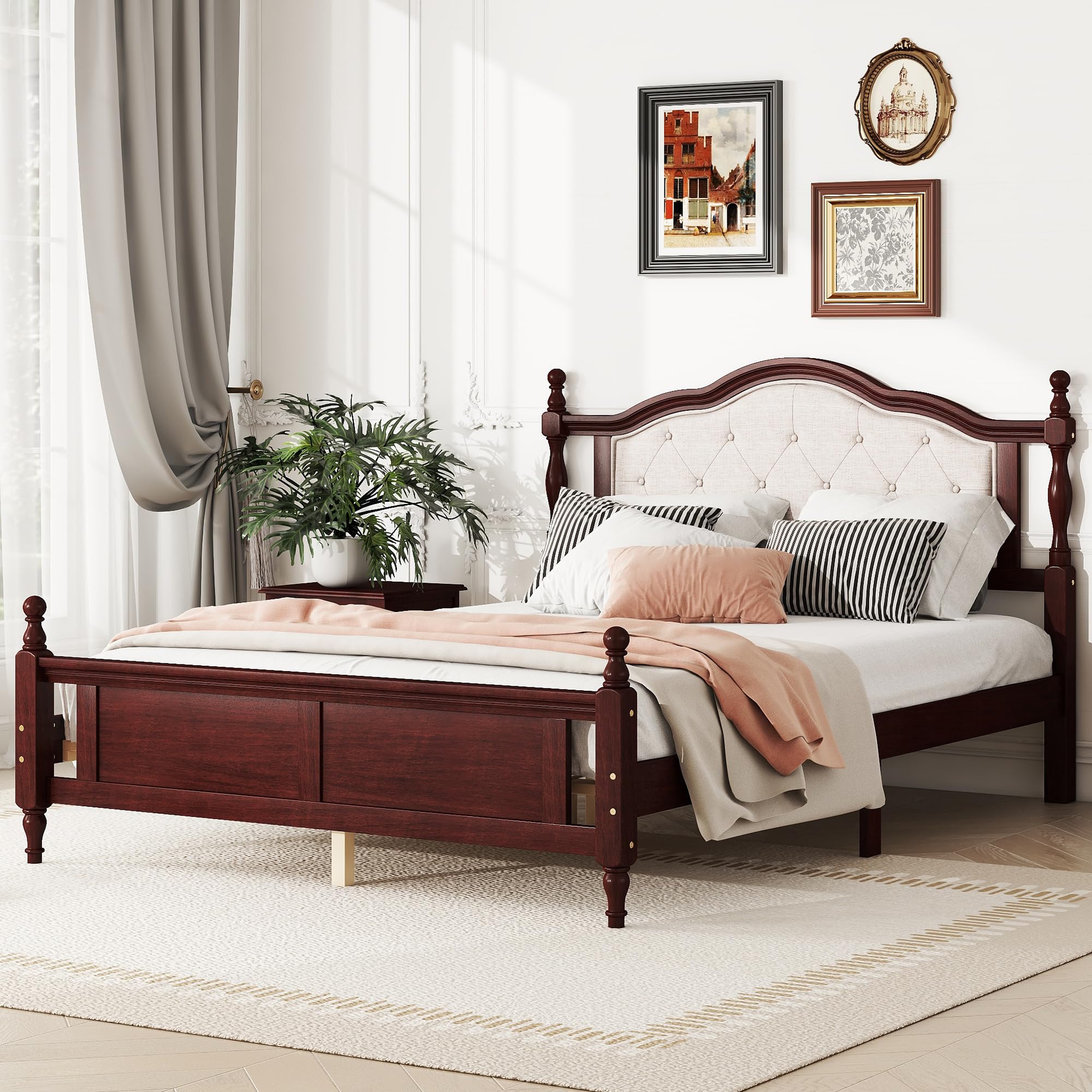 Casats Queen Size Wood Bed Frame with Upholstered Headboard and Panel Footboard