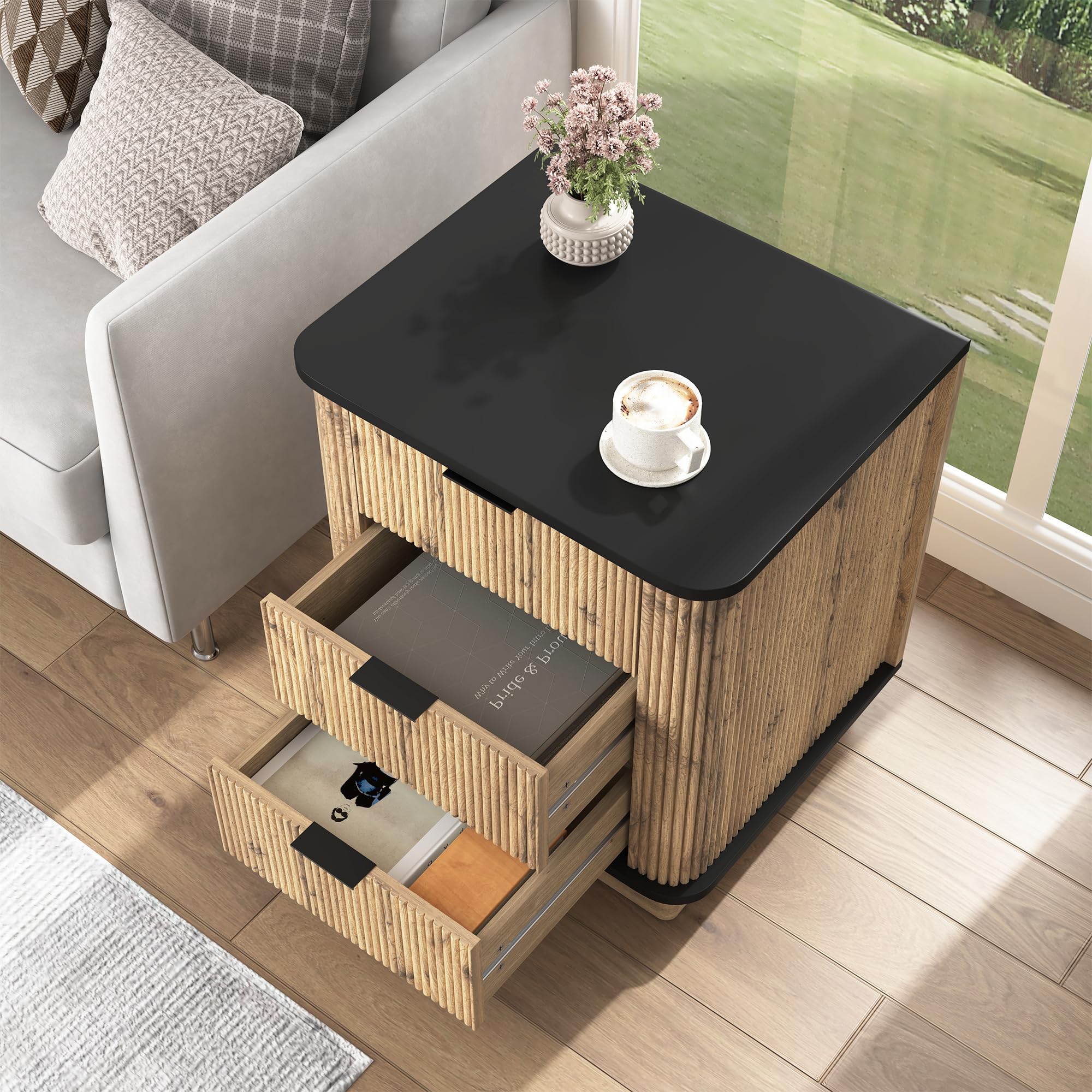 Fluted Nightstand,19" Wide Side Table with 3 Storage Drawers