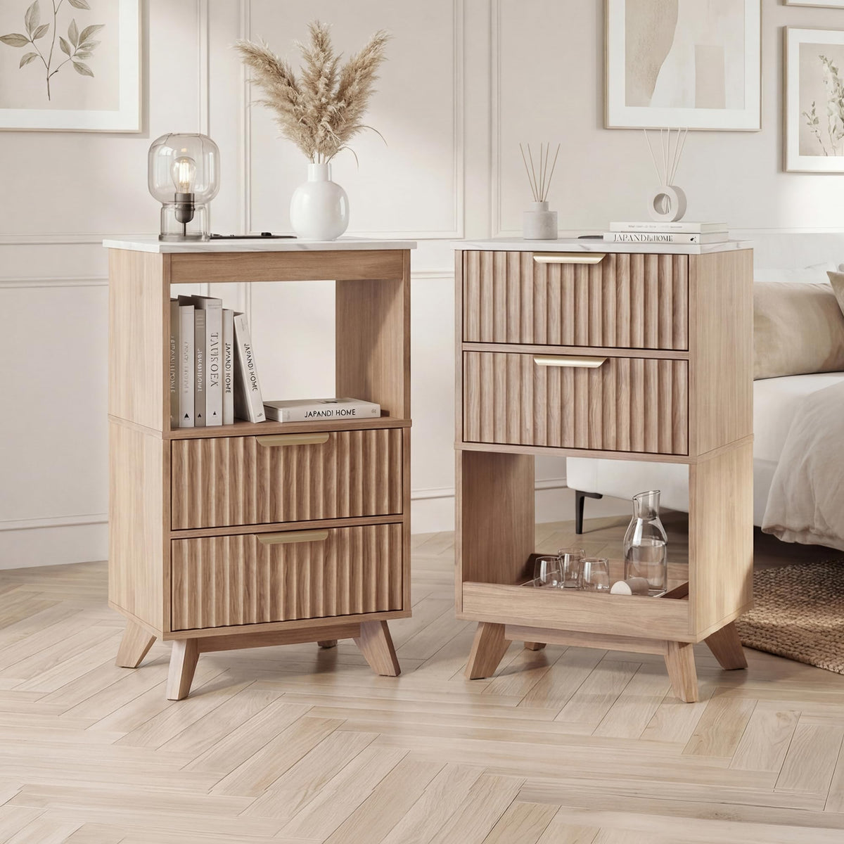 Tall Fluted Nightstand Set of 2 with Charging Station