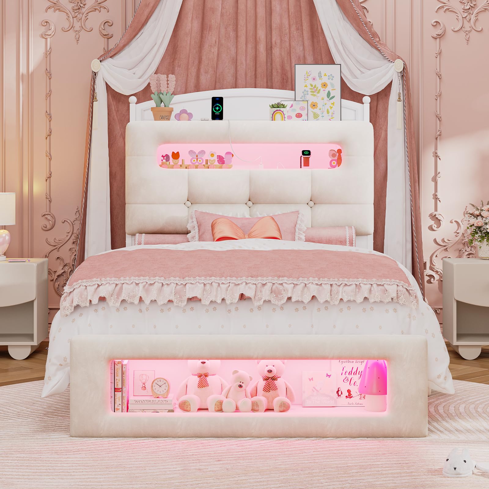 UPOSOJA Twin Size Upholstered Platform Bed Frame with LED Lighting, Storage Headboard and Footboard, Remote/App Control, No Box Spring Needed,White (Twin)