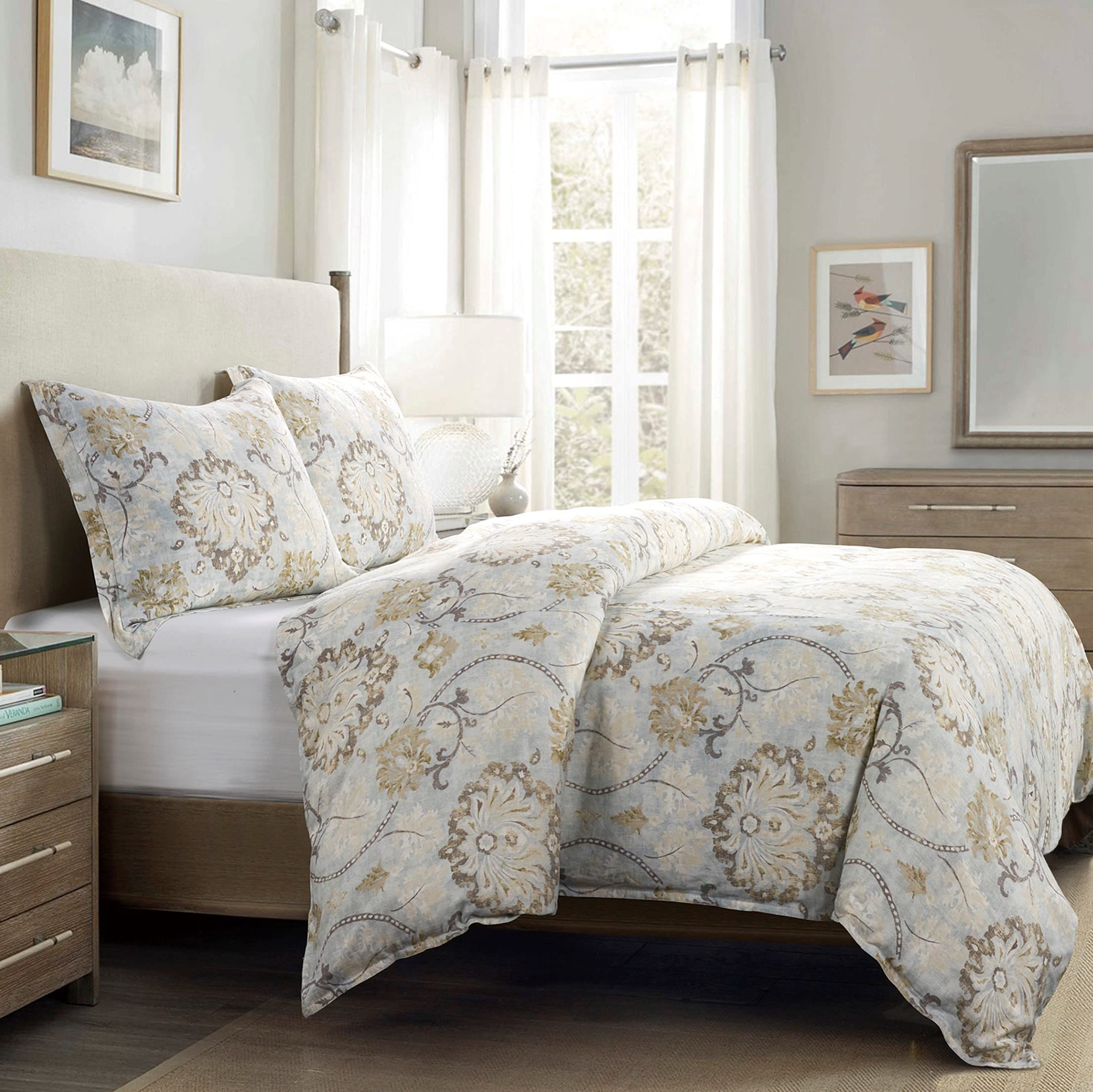 Dalia 3 Piece Linen Duvet Cover Set, Queen Size, Light Blue Floral Bedding Set