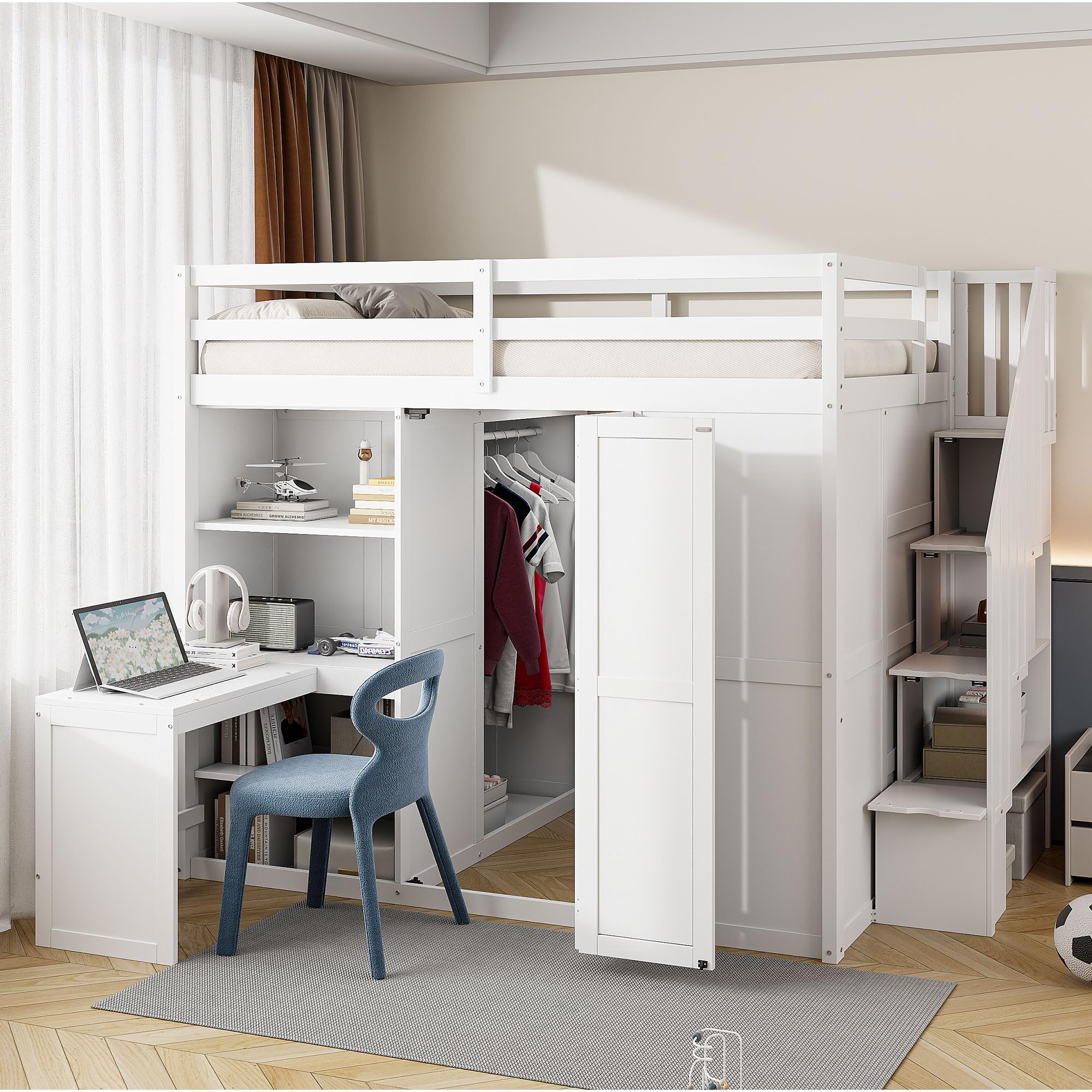 Size Loft Bed, Wood Bedframe with Wardrobe, Storage Stairs, Desk