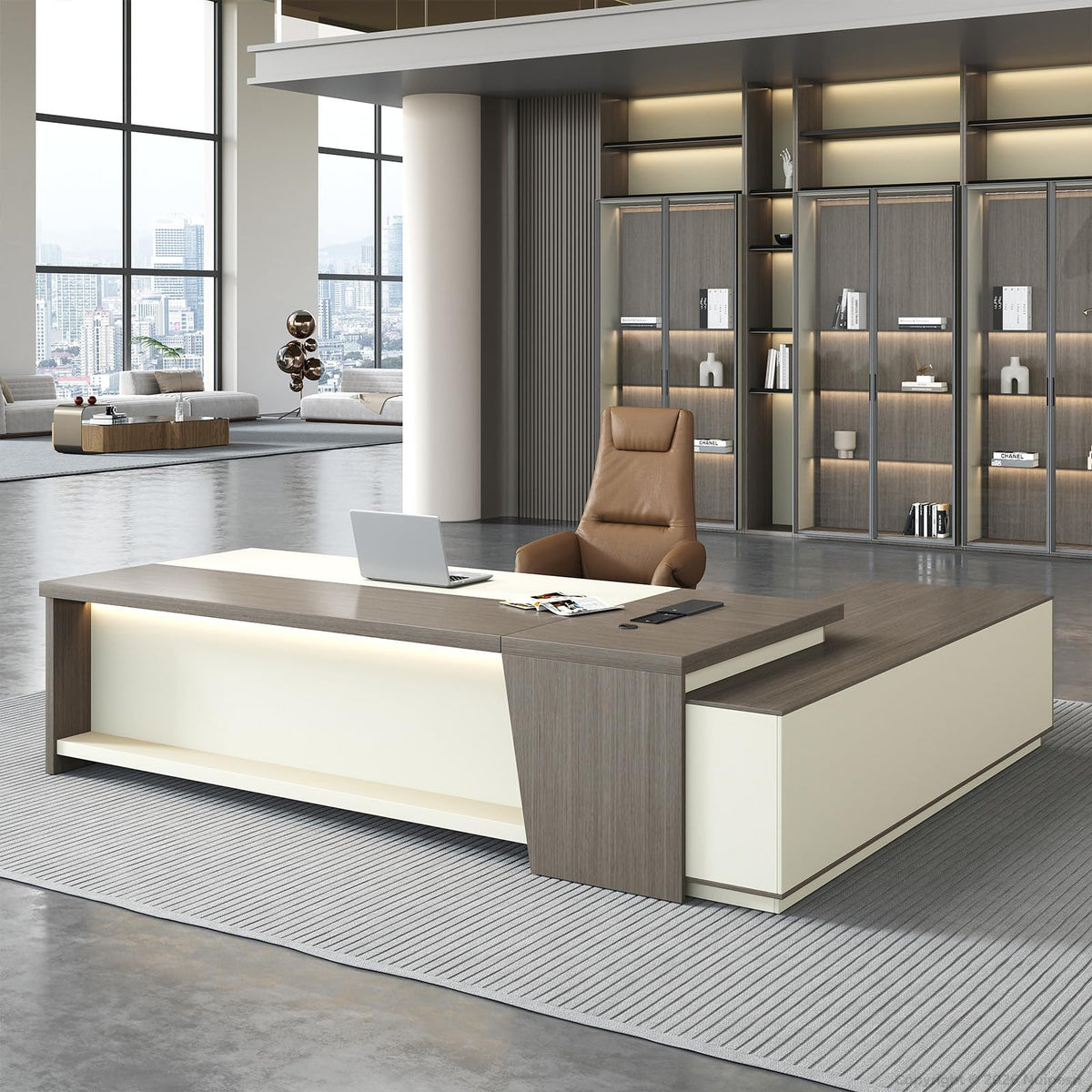 79" L-Shaped Executive Desk with LED, Power Outlets & Lockable Storage