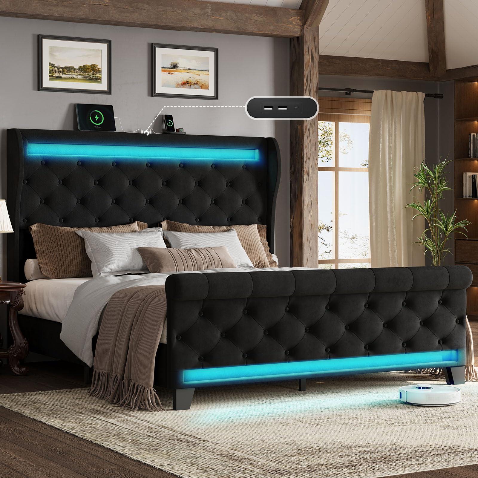 Queen Size Bed Frame with Headboard,50" Tall Headboard