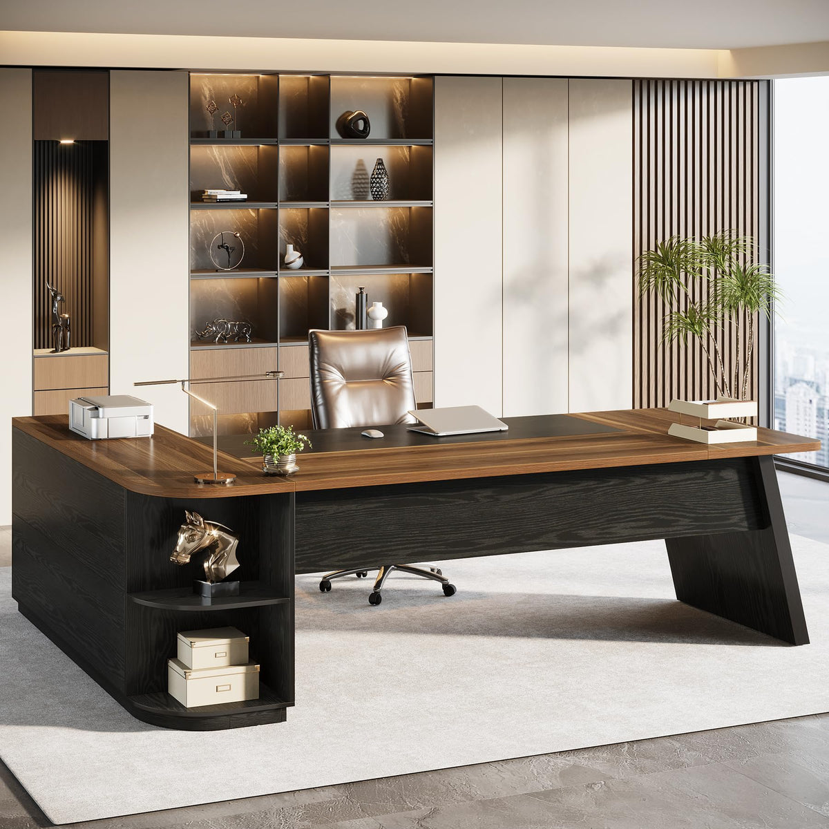 79" L-Shaped Industrial Executive Desk with Cabinet & Open Shelves