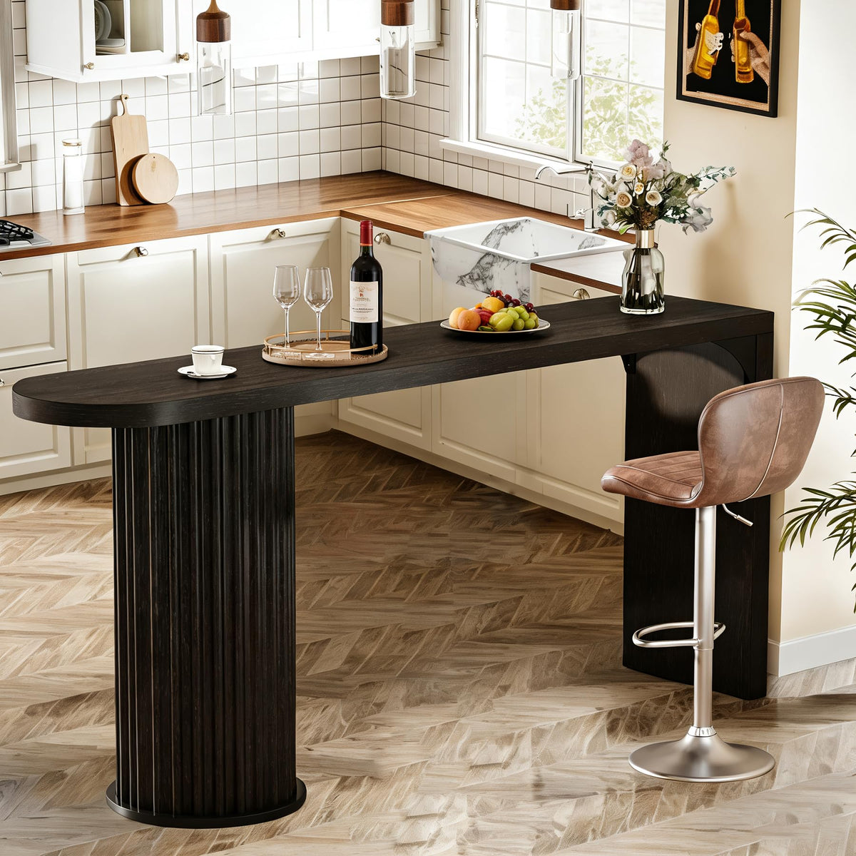 63-Inch Counter Height Bar Table with Fluted Round Base