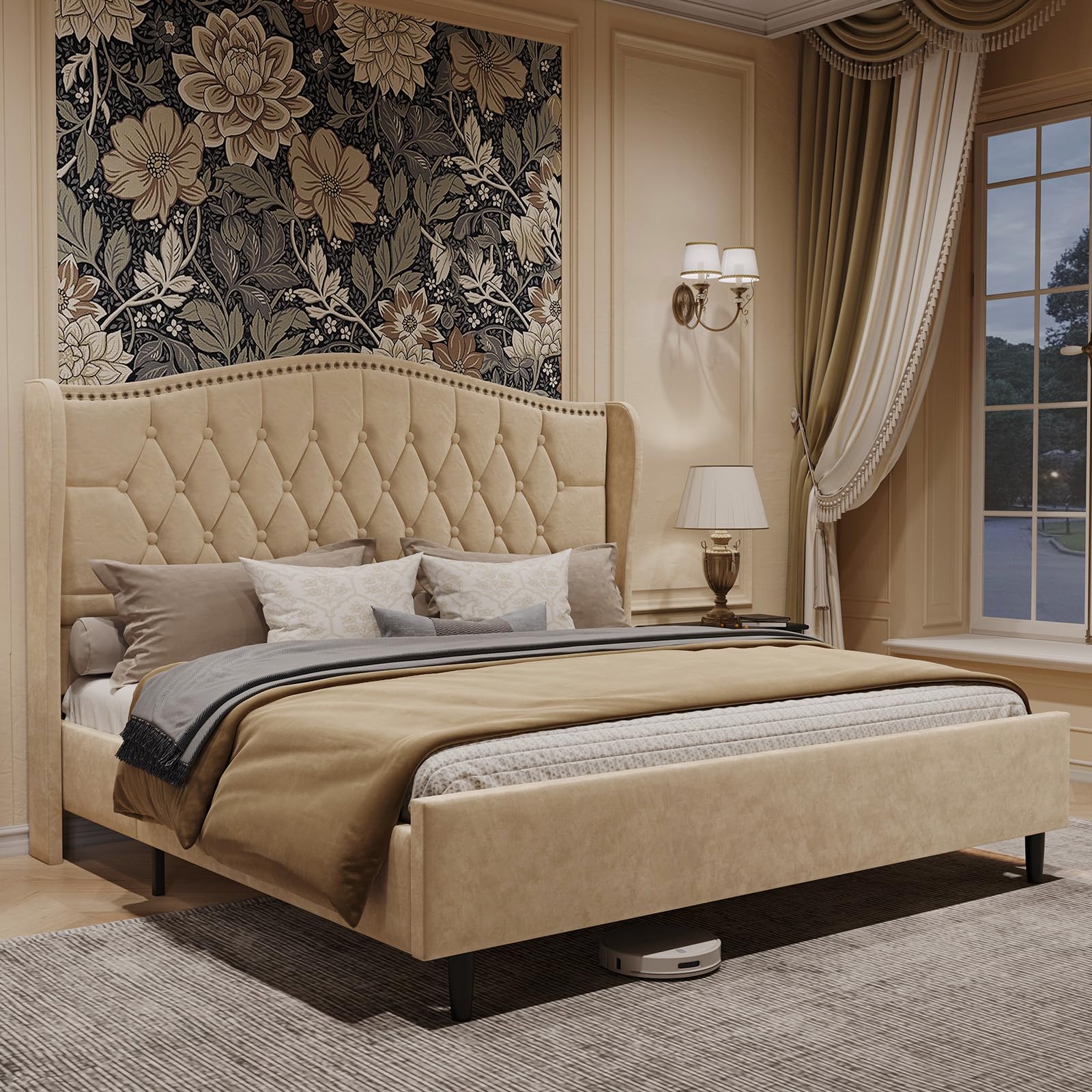 Queen Size Bed Frame with Upholstered Wingback Headboard