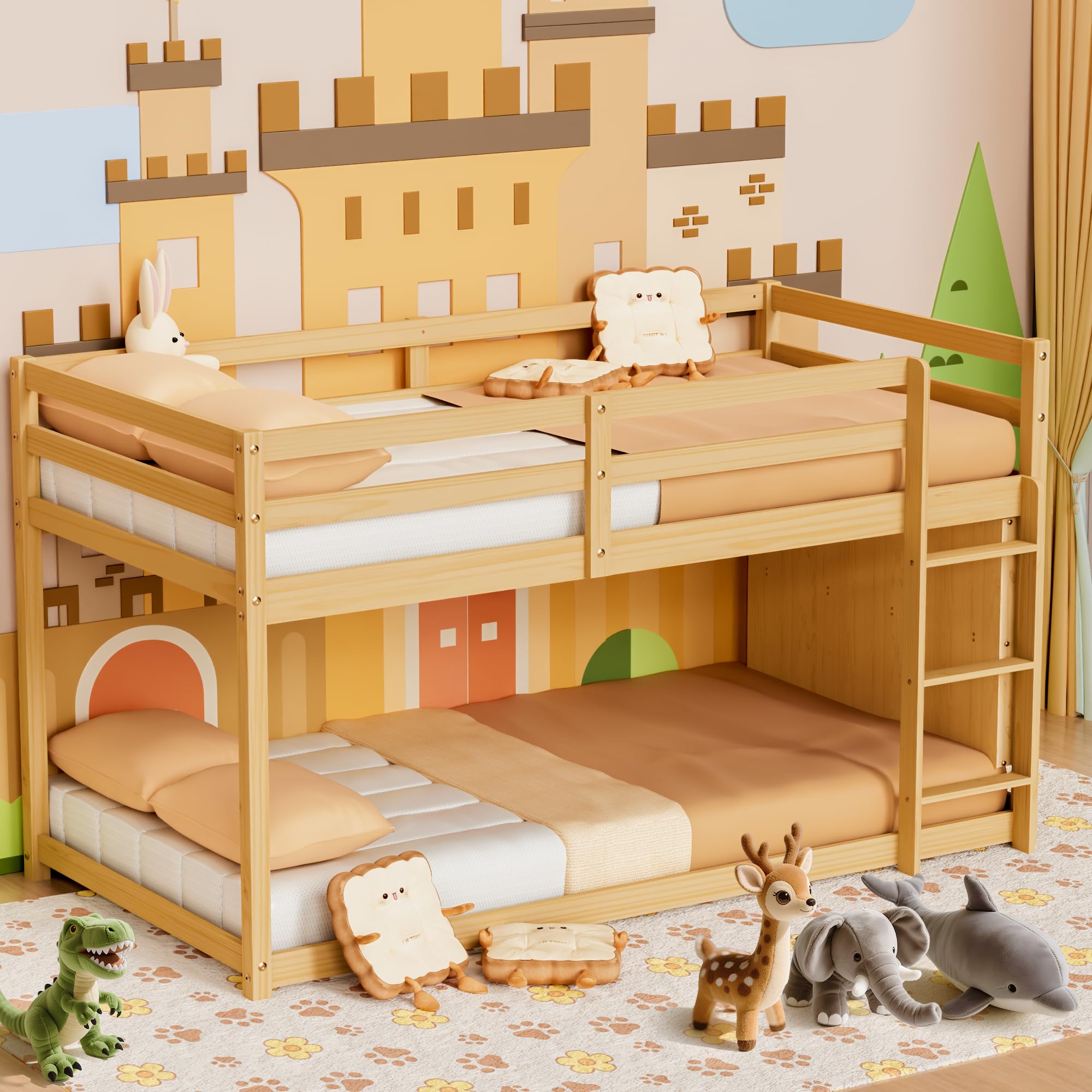 Low Bunk Bed Twin Over Twin, Floor Bunk Bed with Bookshelf&Ladder