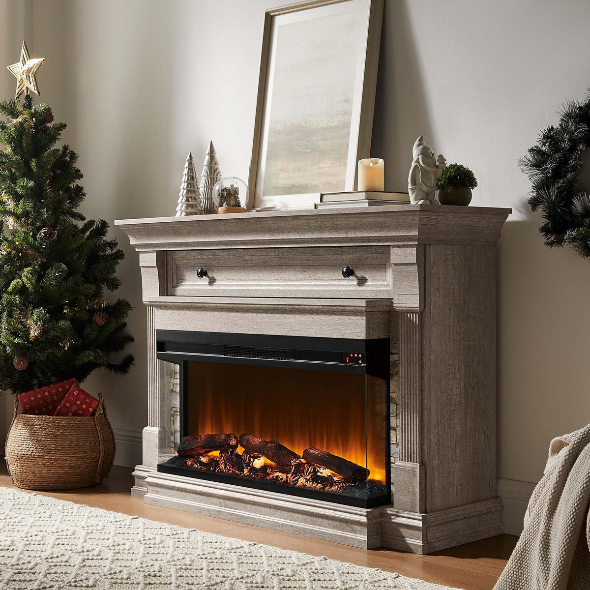 52" 3-Sided Glass Electric Fireplace with Mantel