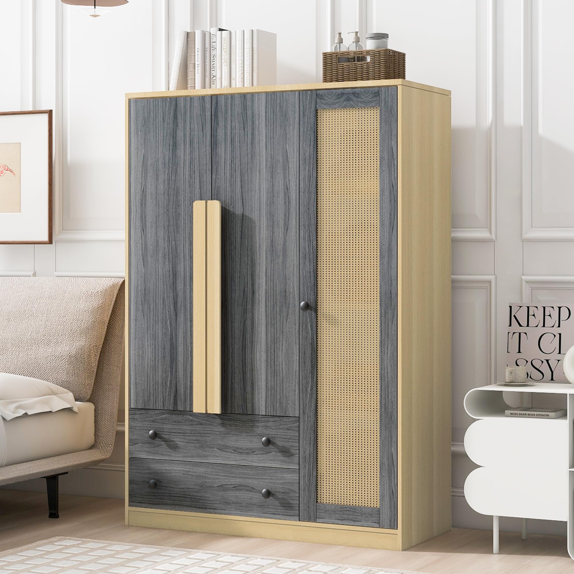 Armoire Wardrobe Closet with 2 Drawers and 3 Doors, Bedroom Armoire Wardrobe