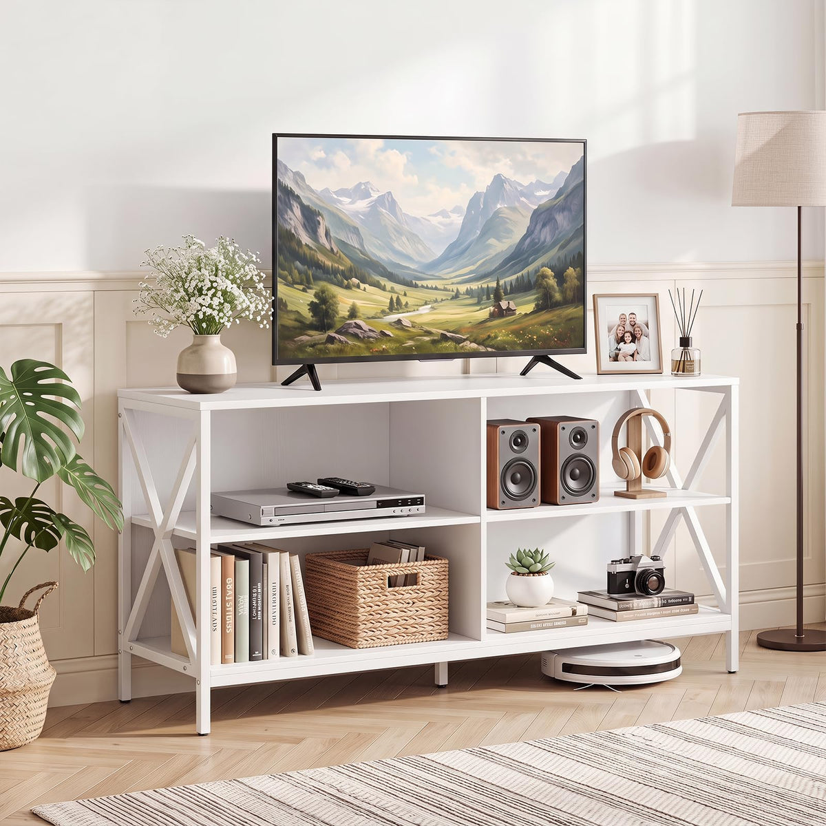 47" Farmhouse TV Stand with 4 Open Shelves & X-Shaped Frame