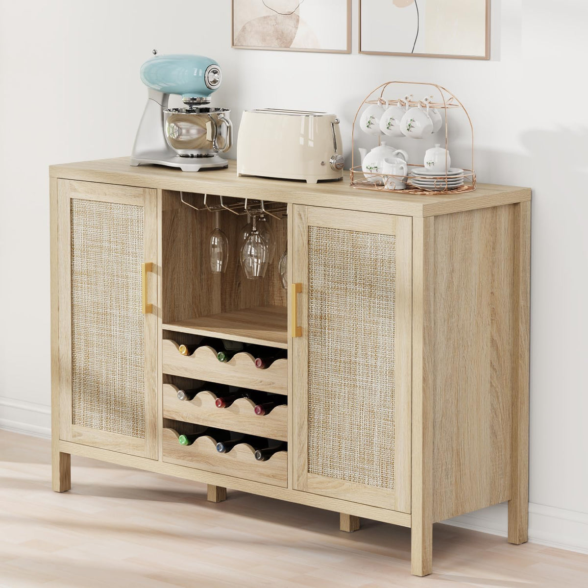 OTUTUMUS Rattan Wine Bar Cabinet, Boho Rattan Home Bar with Glass Holder and Drawer Style Racks, Oak Sideboard Buffet Storage Cabinet for Living Dining Room Kitchen